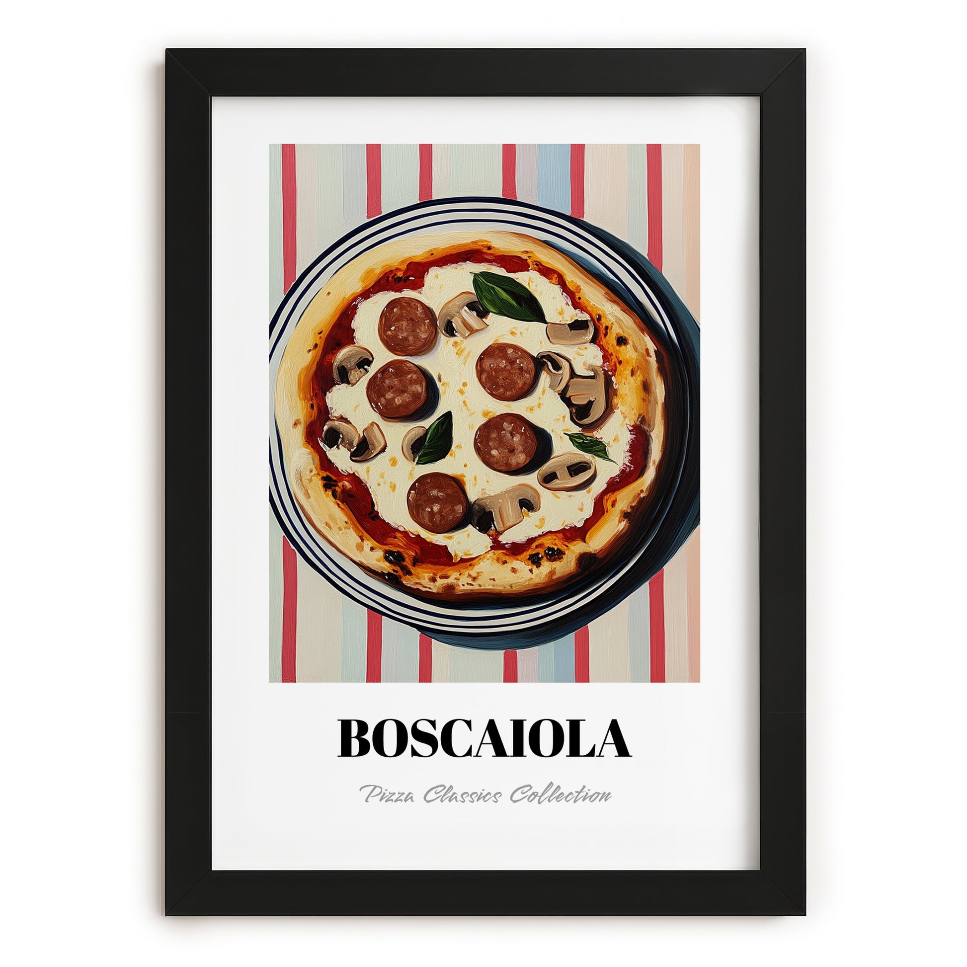 Boscaiola – on Striped Tablecloth, Pizza Wall Decor, in sleek black frame