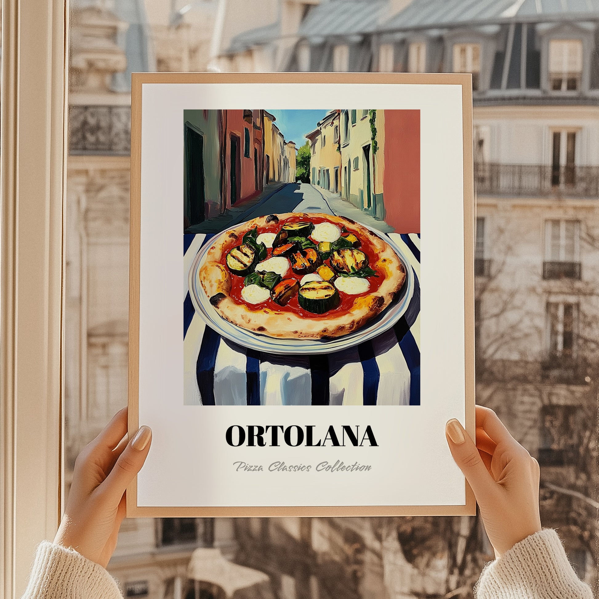 Pizza Ortolana – Italian Café on the Corner, Pizza Poster, styled in a charming Paris street view