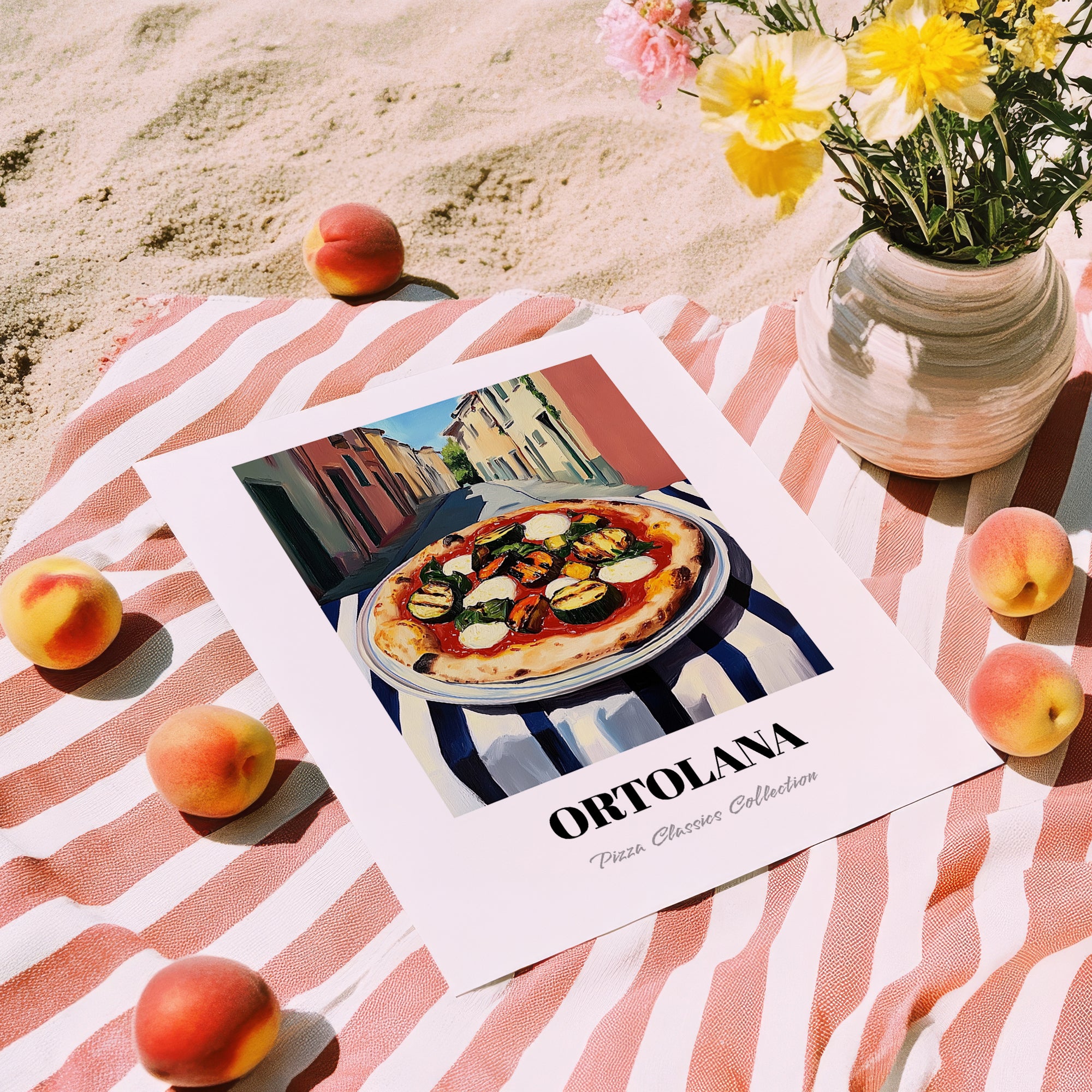 Pizza Ortolana – Italian Café on the Corner, Pizza Poster, unframed on coastal sand