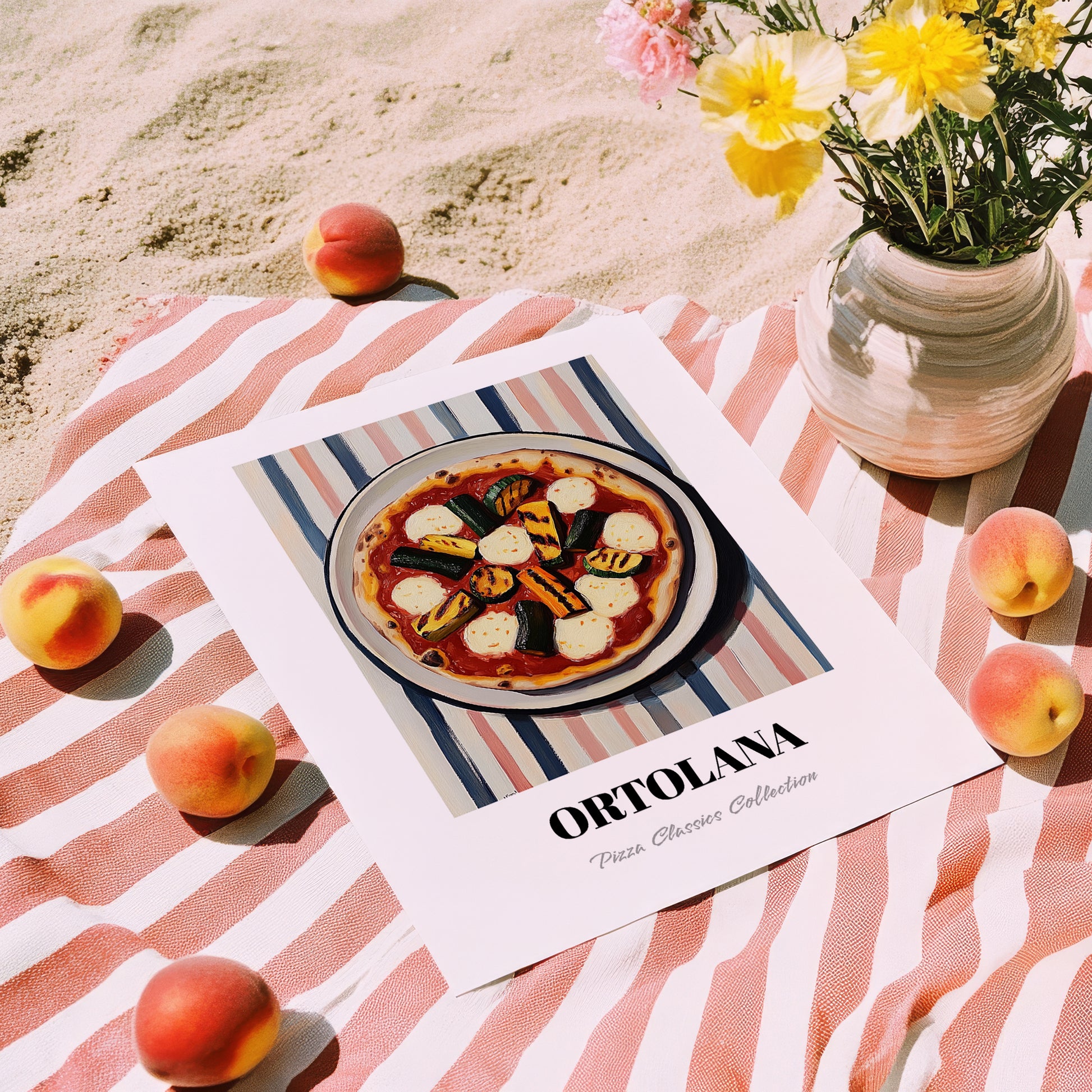 Ortolana – on Striped Tablecloth, Pizza Wall Decor, unframed on coastal sand