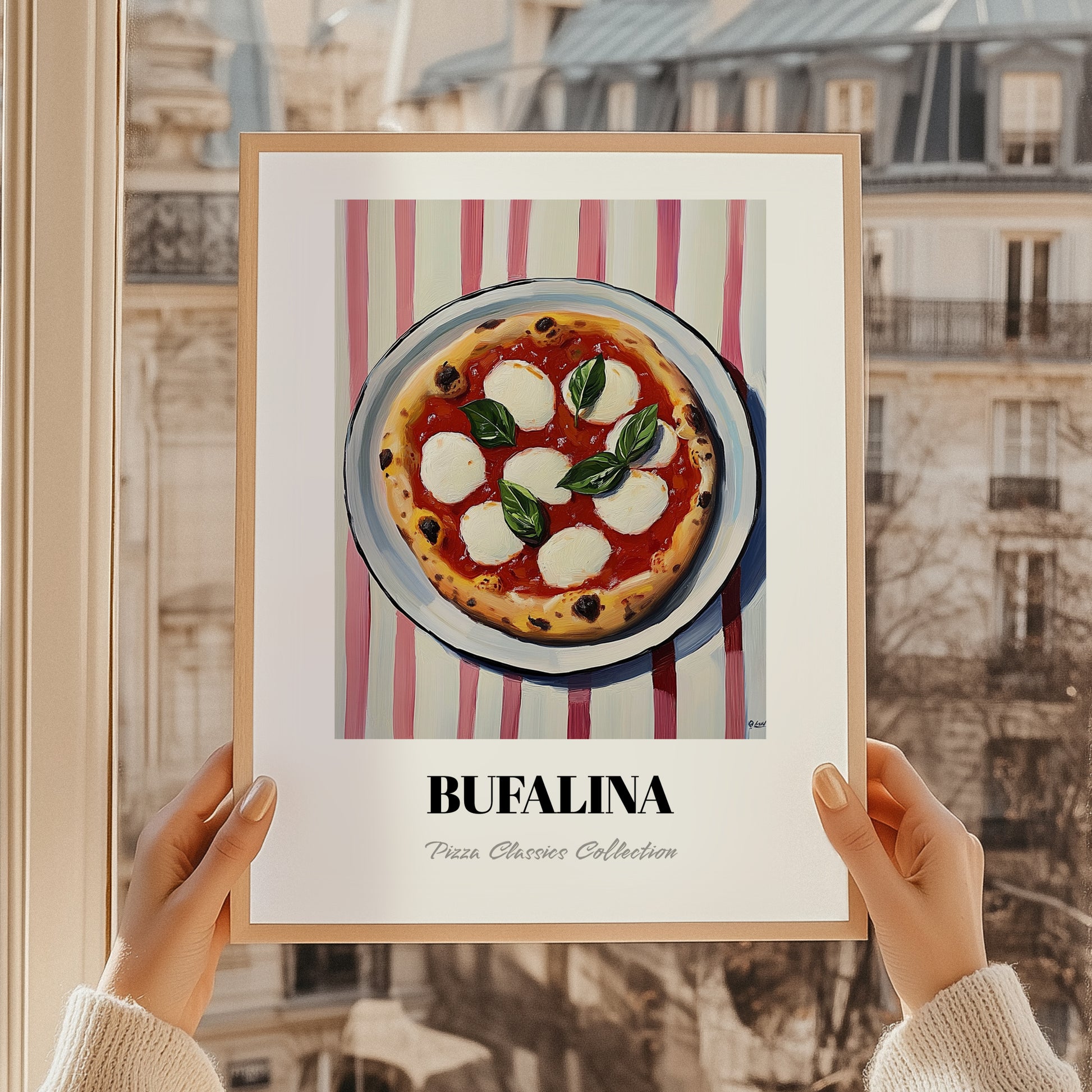 Bufala (Bufalina) – on Striped Tablecloth, Pizza Still Life, styled in a charming Paris street view