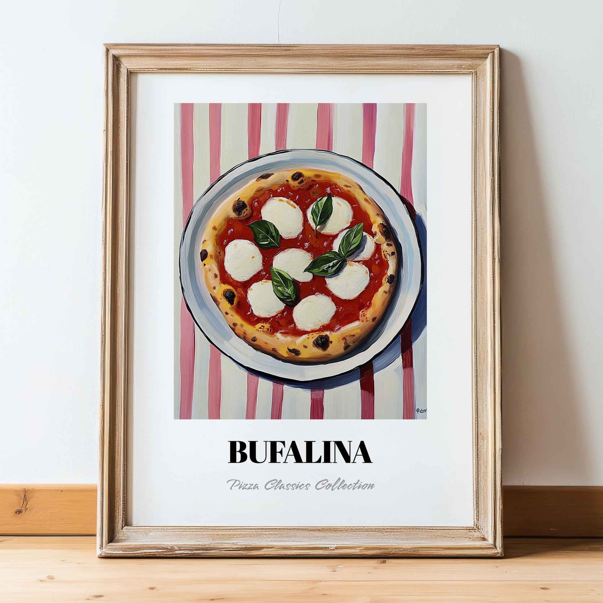 Bufala (Bufalina) – on Striped Tablecloth, Pizza Still Life, in wooden frame leaning on the floor