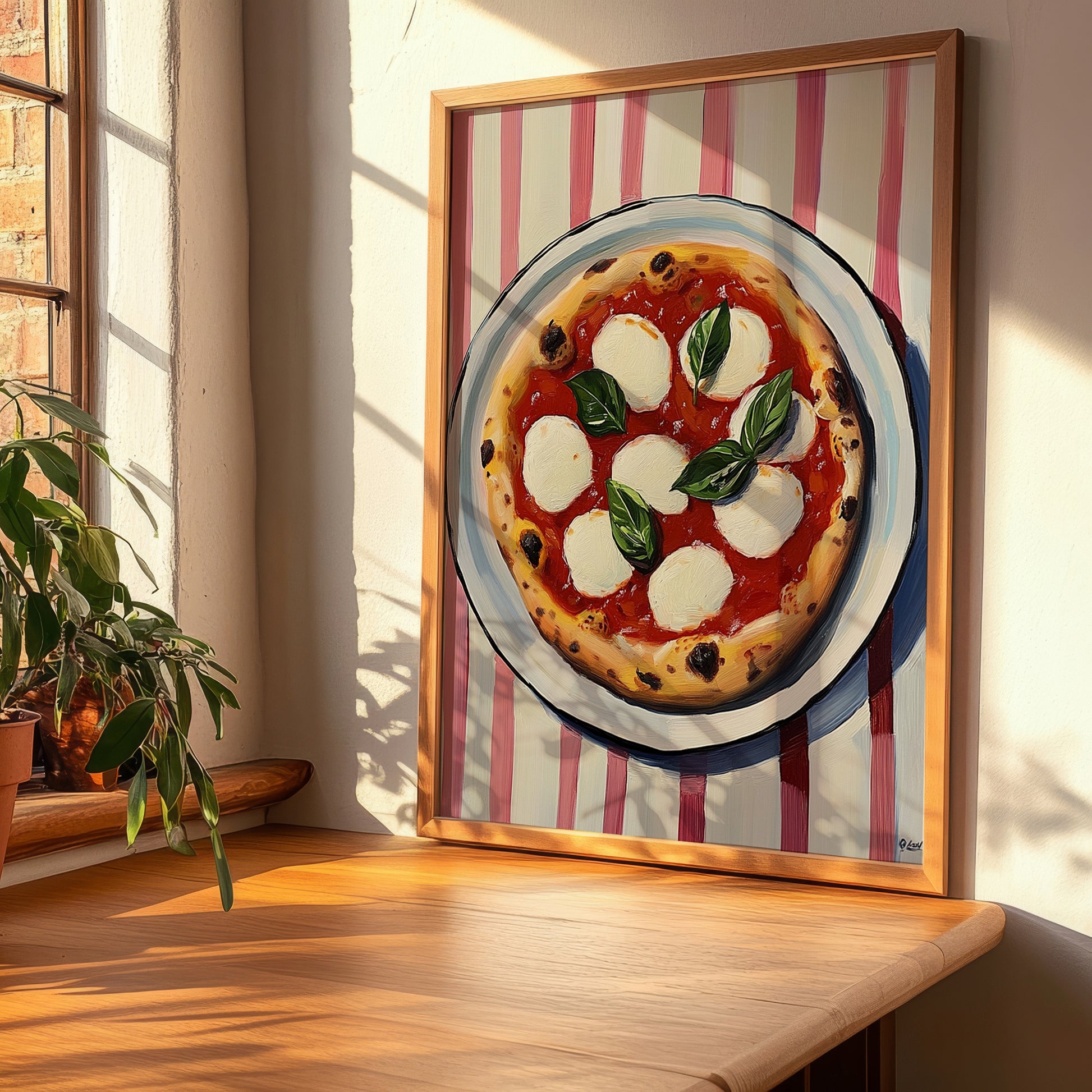 Bufala (Bufalina) – on Striped Tablecloth, Pizza Still Life, clean layout with no caption