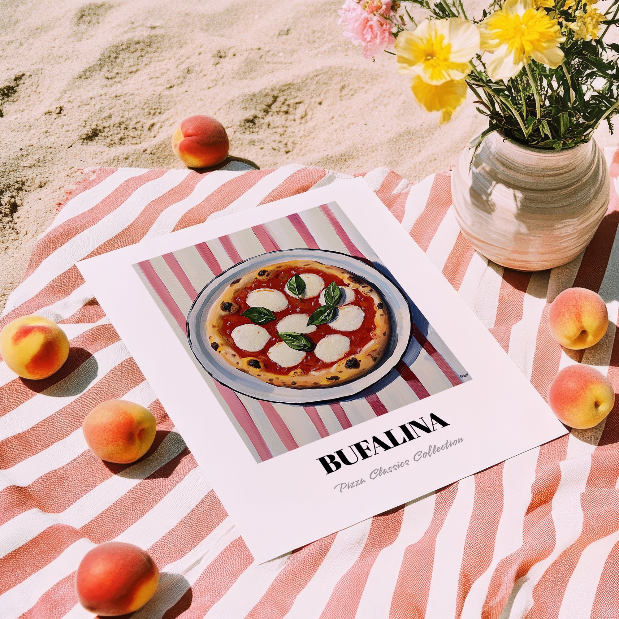 Bufala (Bufalina) – on Striped Tablecloth, Pizza Still Life, unframed on coastal sand
