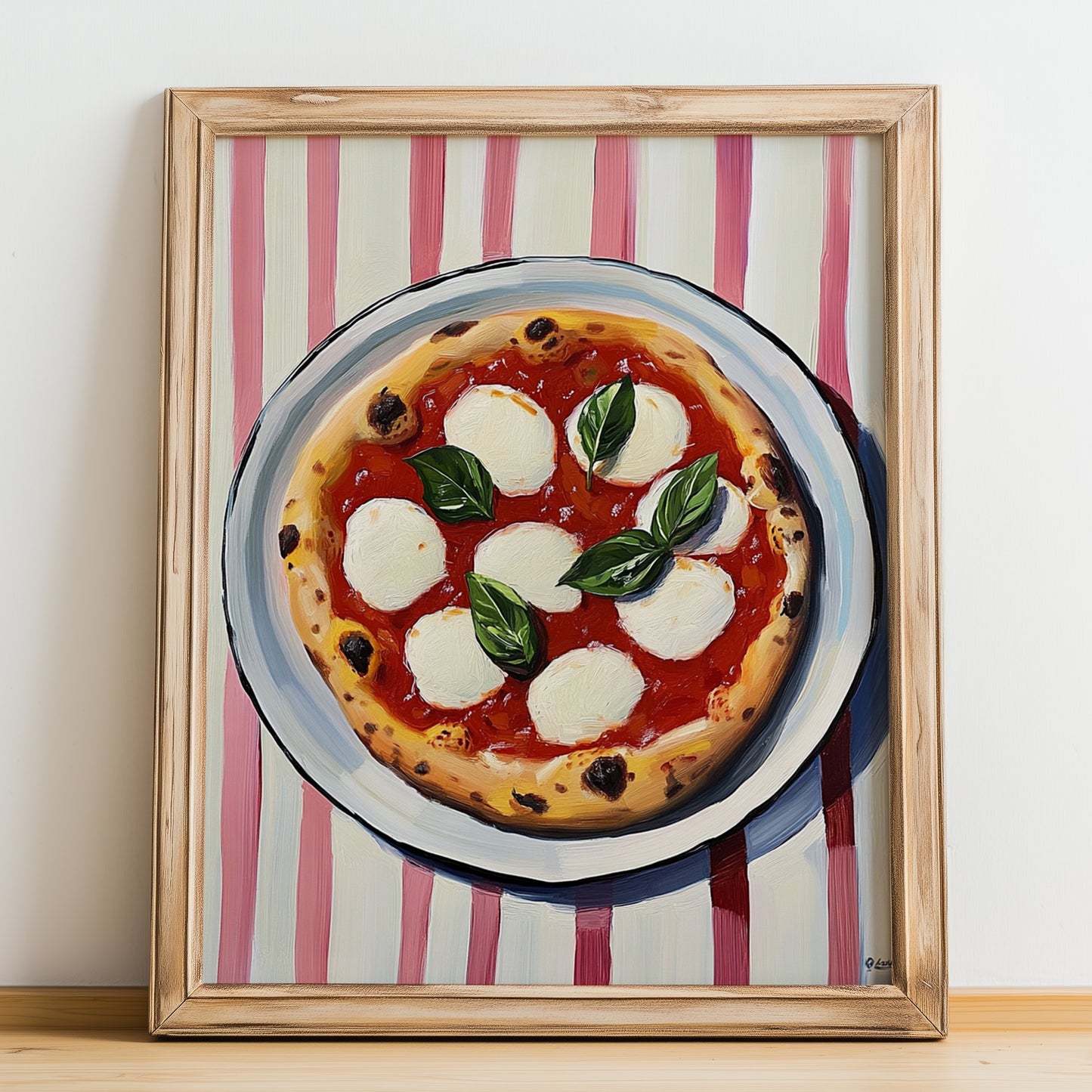 Bufala (Bufalina) – on Striped Tablecloth, Pizza Still Life, no-text version framed in wood