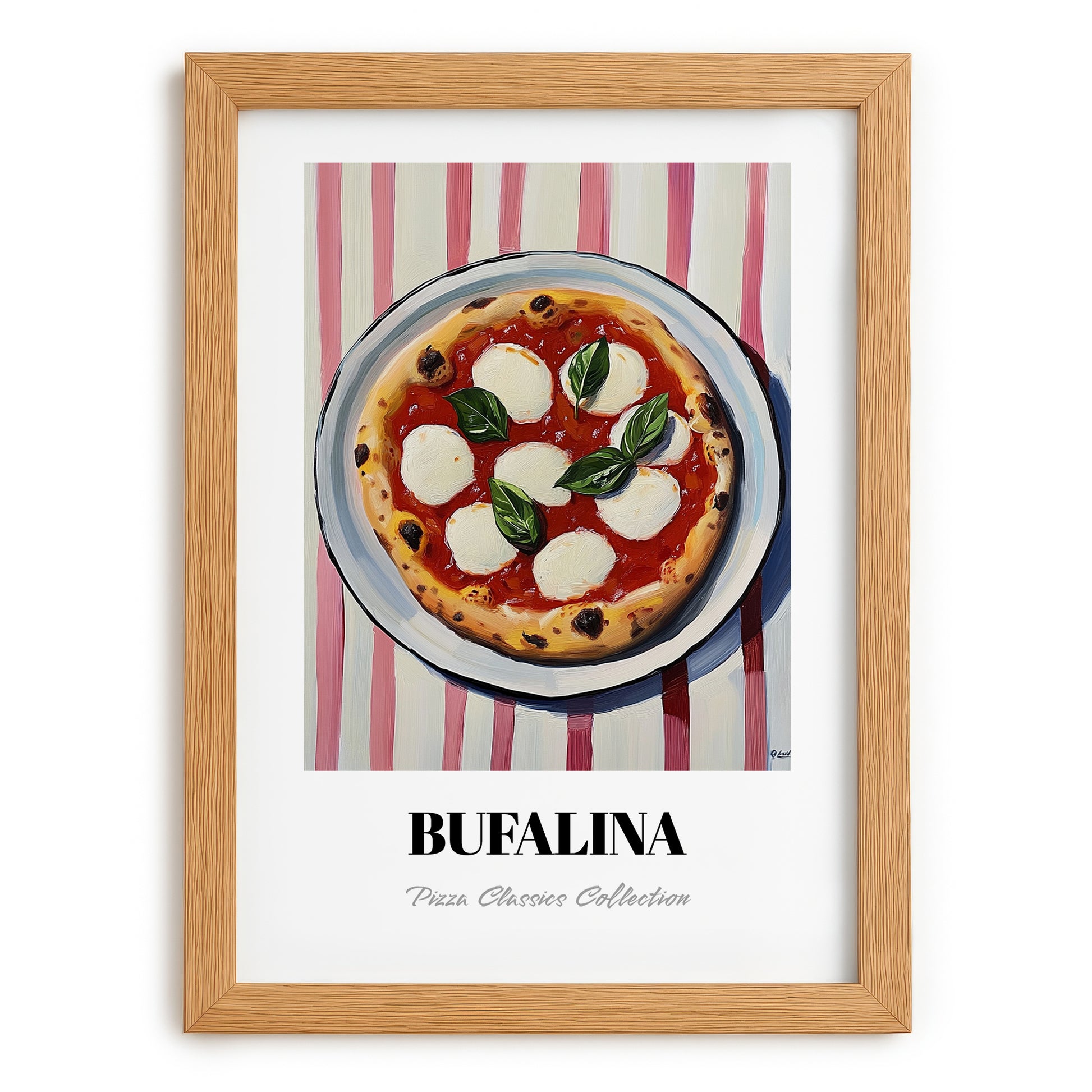 Bufala (Bufalina) – on Striped Tablecloth, Pizza Still Life, set in oak frame