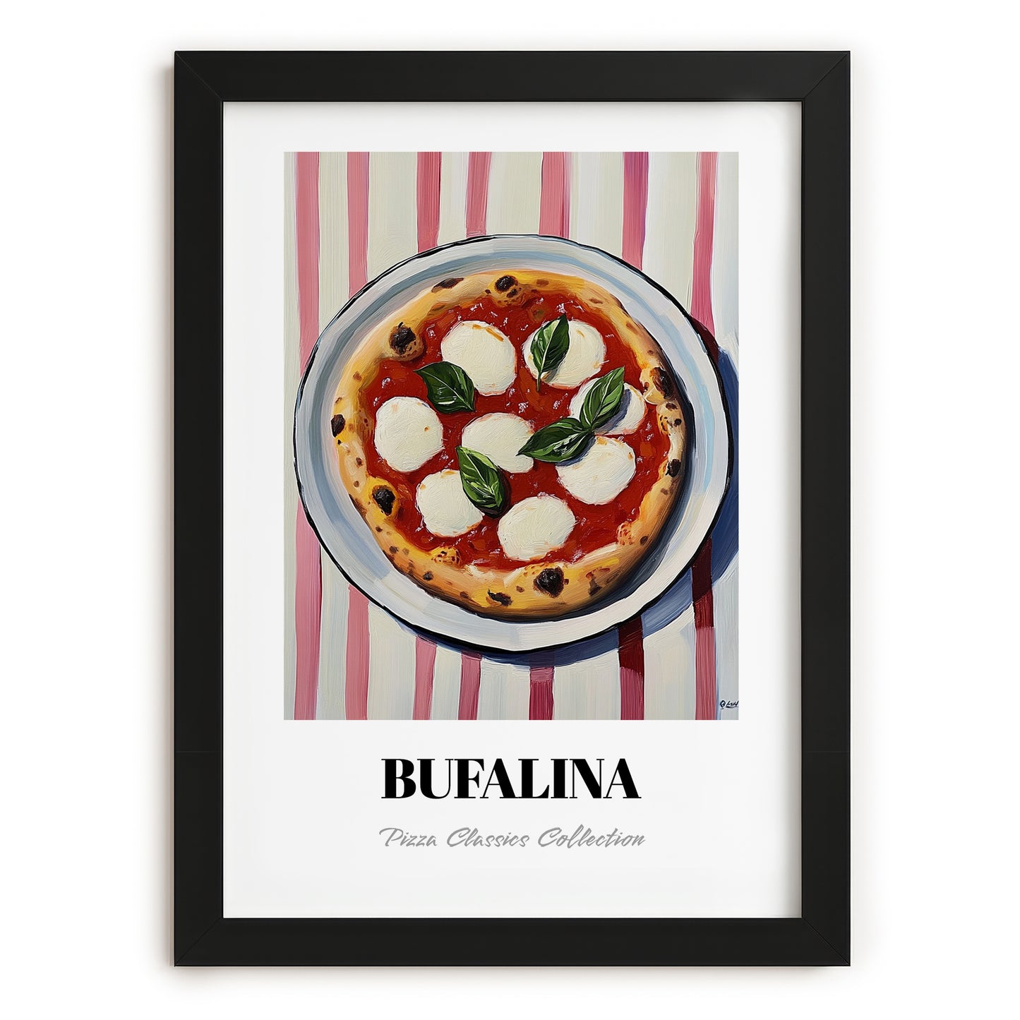 Bufala (Bufalina) – on Striped Tablecloth, Pizza Still Life, in sleek black frame