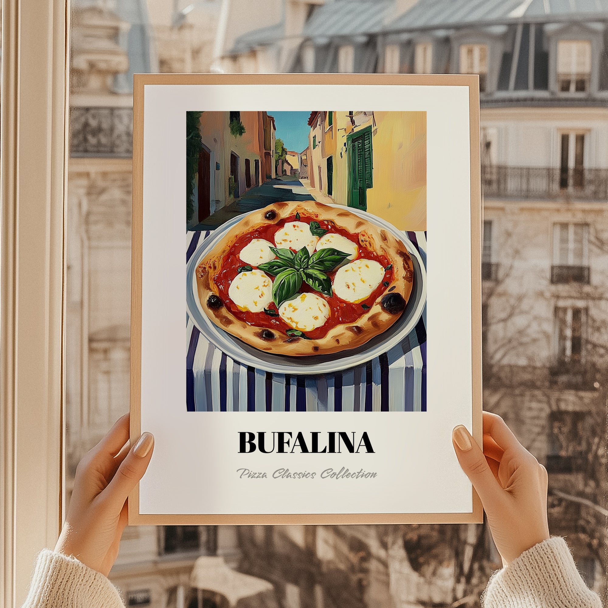 Pizza Bufalina (Bufala) – Italian Café on the Corner, Pizza Painting, styled in a charming Paris street view