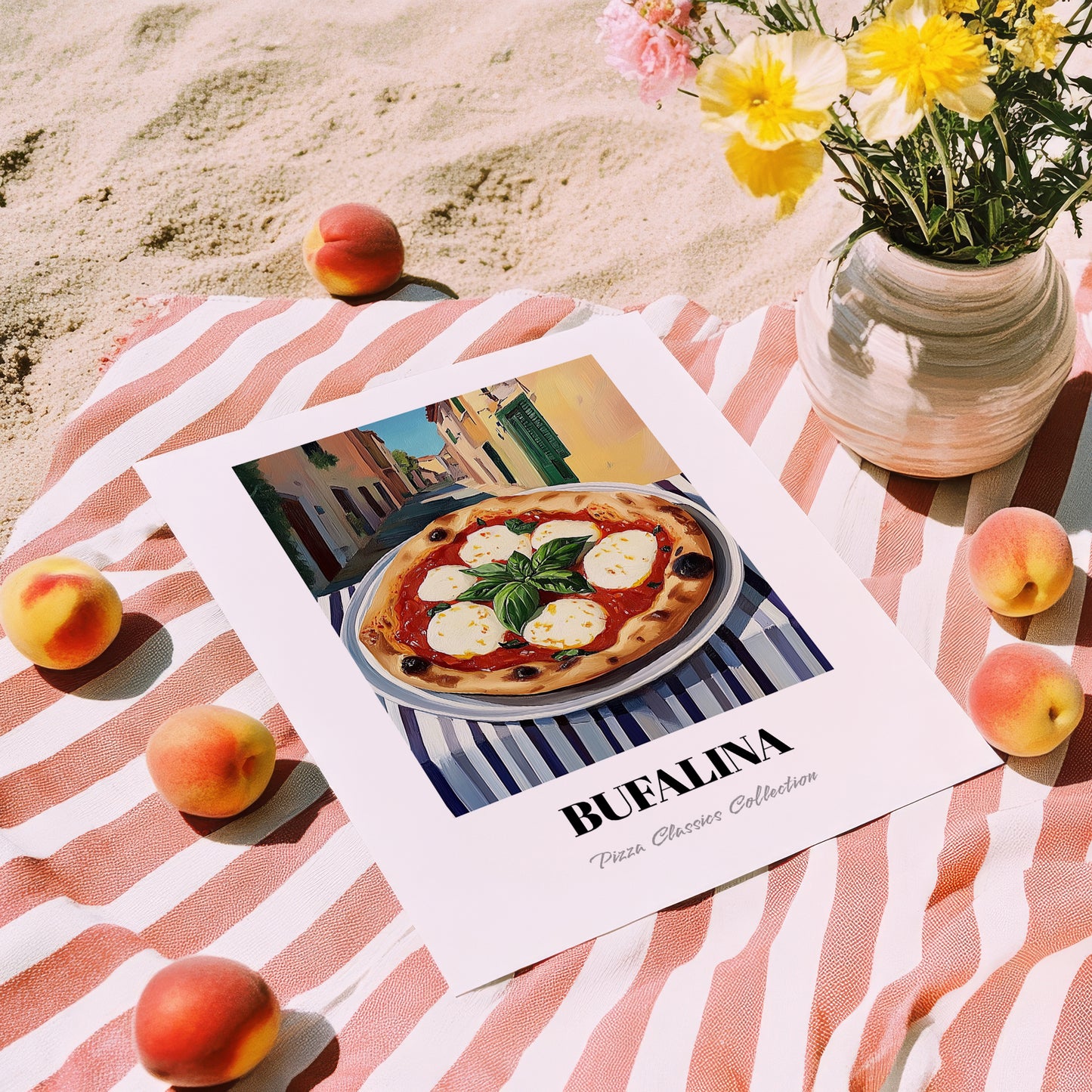 Pizza Bufalina (Bufala) – Italian Café on the Corner, Pizza Painting, unframed on coastal sand