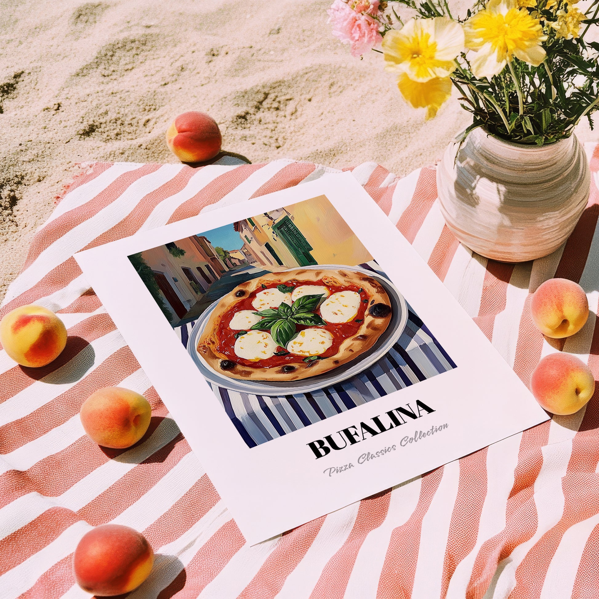 Pizza Bufalina (Bufala) – Italian Café on the Corner, Pizza Painting, unframed on coastal sand