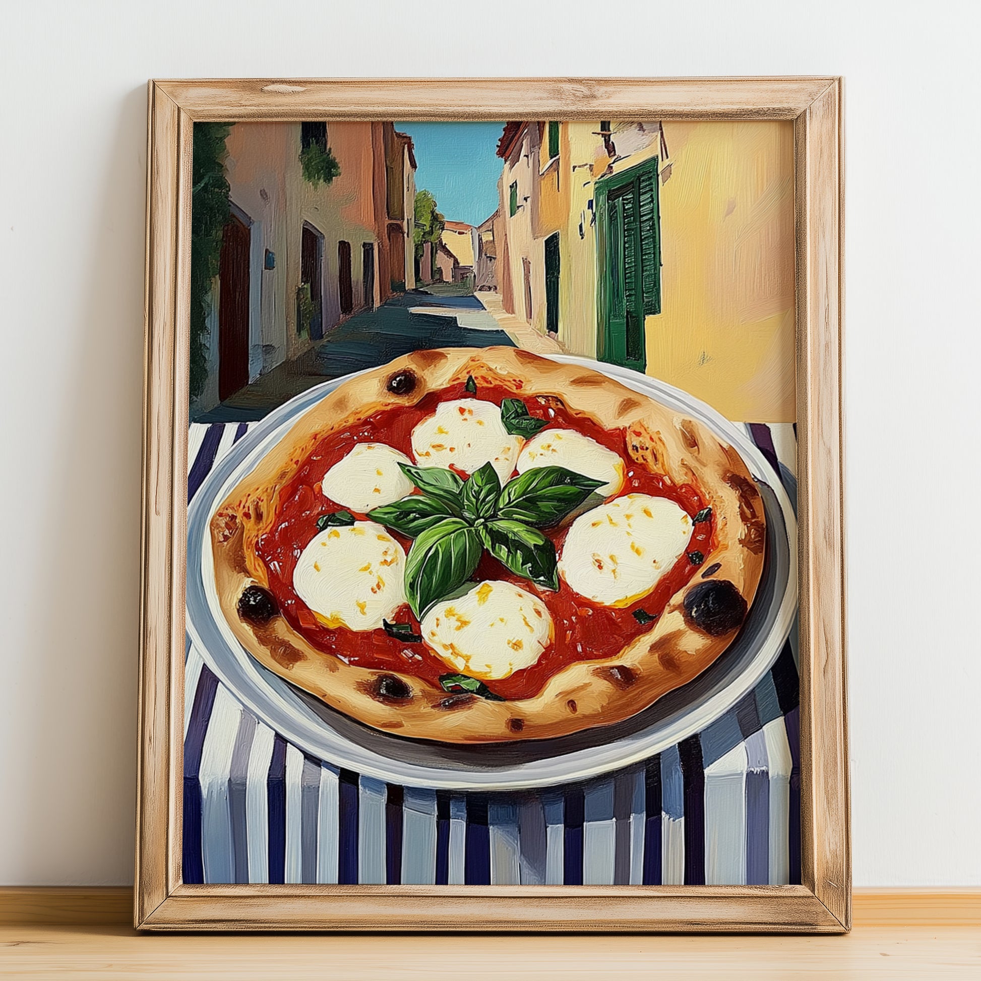 Pizza Bufalina (Bufala) – Italian Café on the Corner, Pizza Painting, no-text version framed in wood