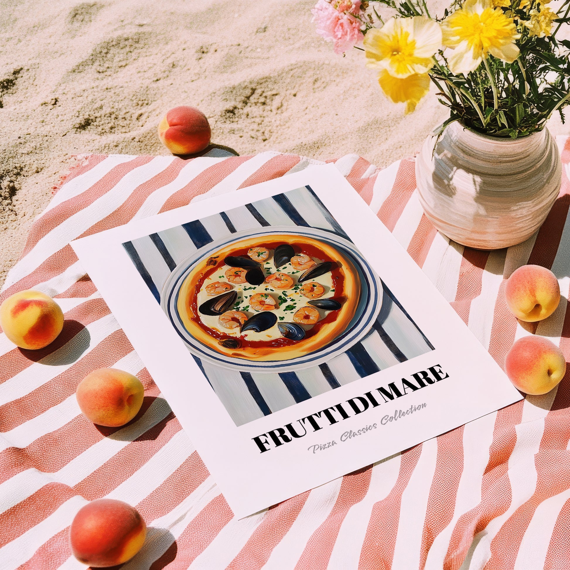 Frutti Di Mare – on Striped Tablecloth, Pizza Wall Illustration, unframed on coastal sand