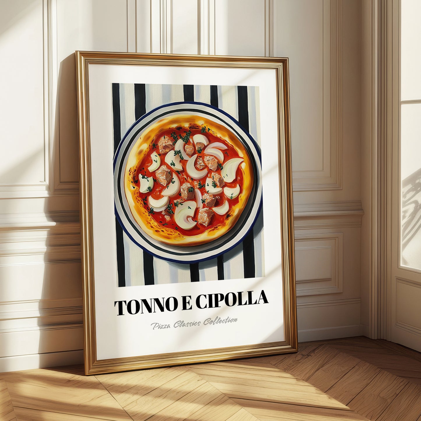 Tonno E Cipolla – on Striped Tablecloth, Pizza Illustration