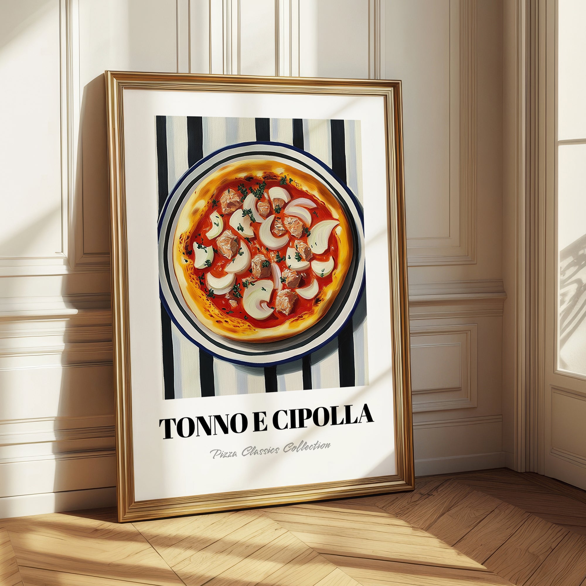 Tonno E Cipolla – on Striped Tablecloth, Pizza Illustration