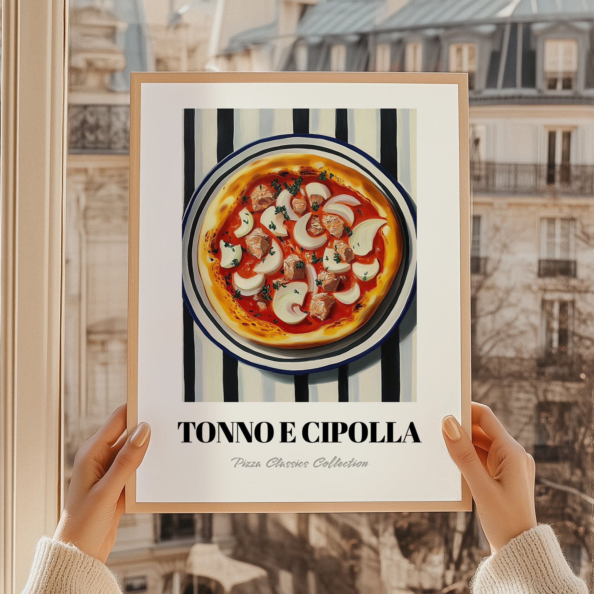 Tonno E Cipolla – on Striped Tablecloth, Pizza Illustration, styled in a charming Paris street view