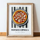 Tonno E Cipolla – on Striped Tablecloth, Pizza Illustration, in wooden frame leaning on the floor