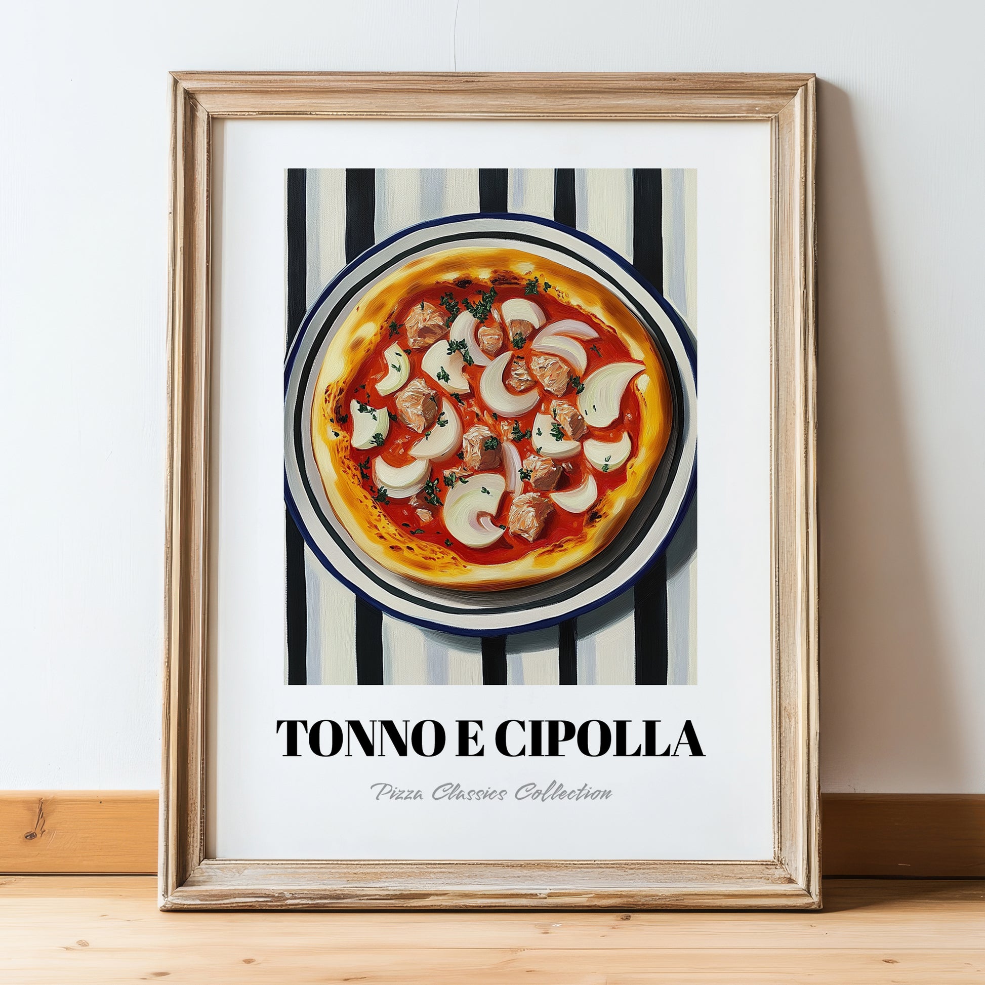Tonno E Cipolla – on Striped Tablecloth, Pizza Illustration, in wooden frame leaning on the floor