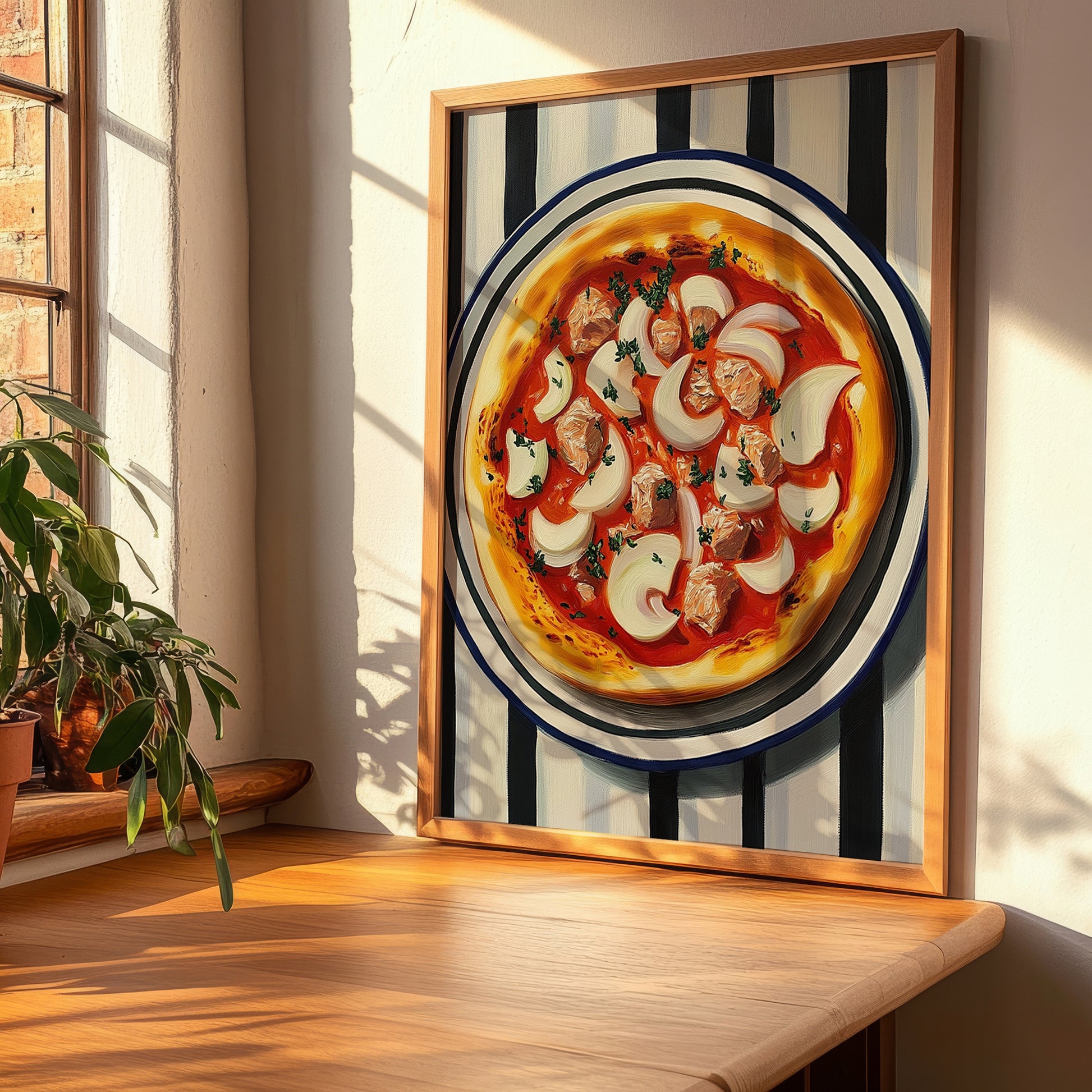Tonno E Cipolla – on Striped Tablecloth, Pizza Illustration, clean layout with no caption