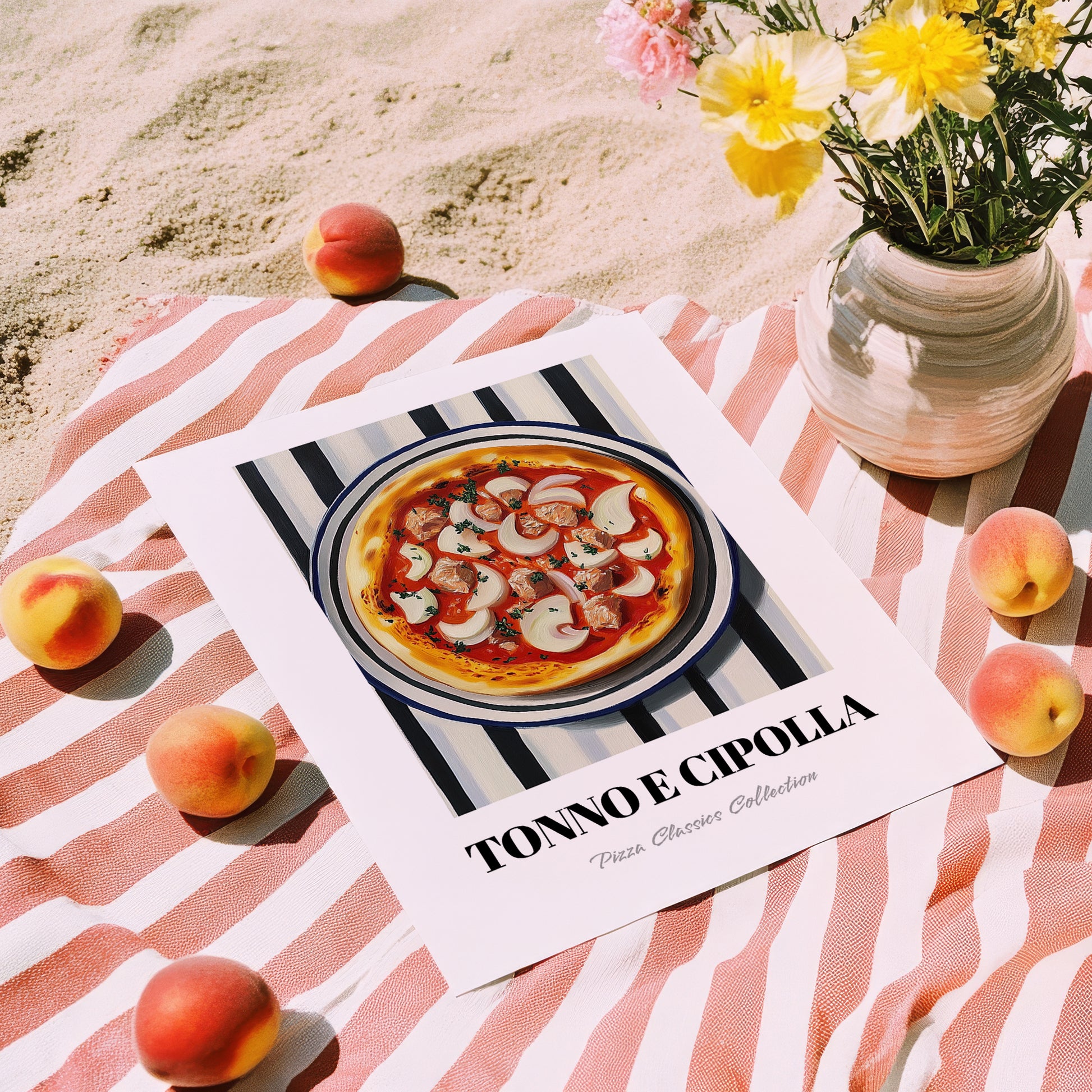 Tonno E Cipolla – on Striped Tablecloth, Pizza Illustration, unframed on coastal sand