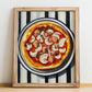 Tonno E Cipolla – on Striped Tablecloth, Pizza Illustration, no-text version framed in wood