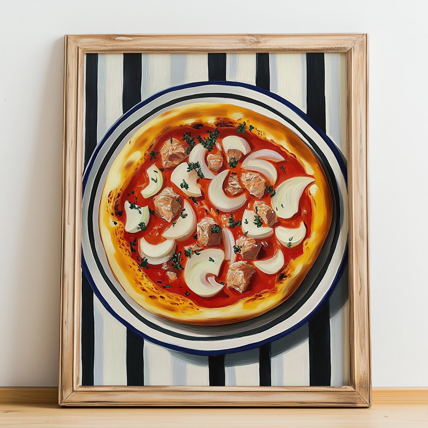 Tonno E Cipolla – on Striped Tablecloth, Pizza Illustration, no-text version framed in wood