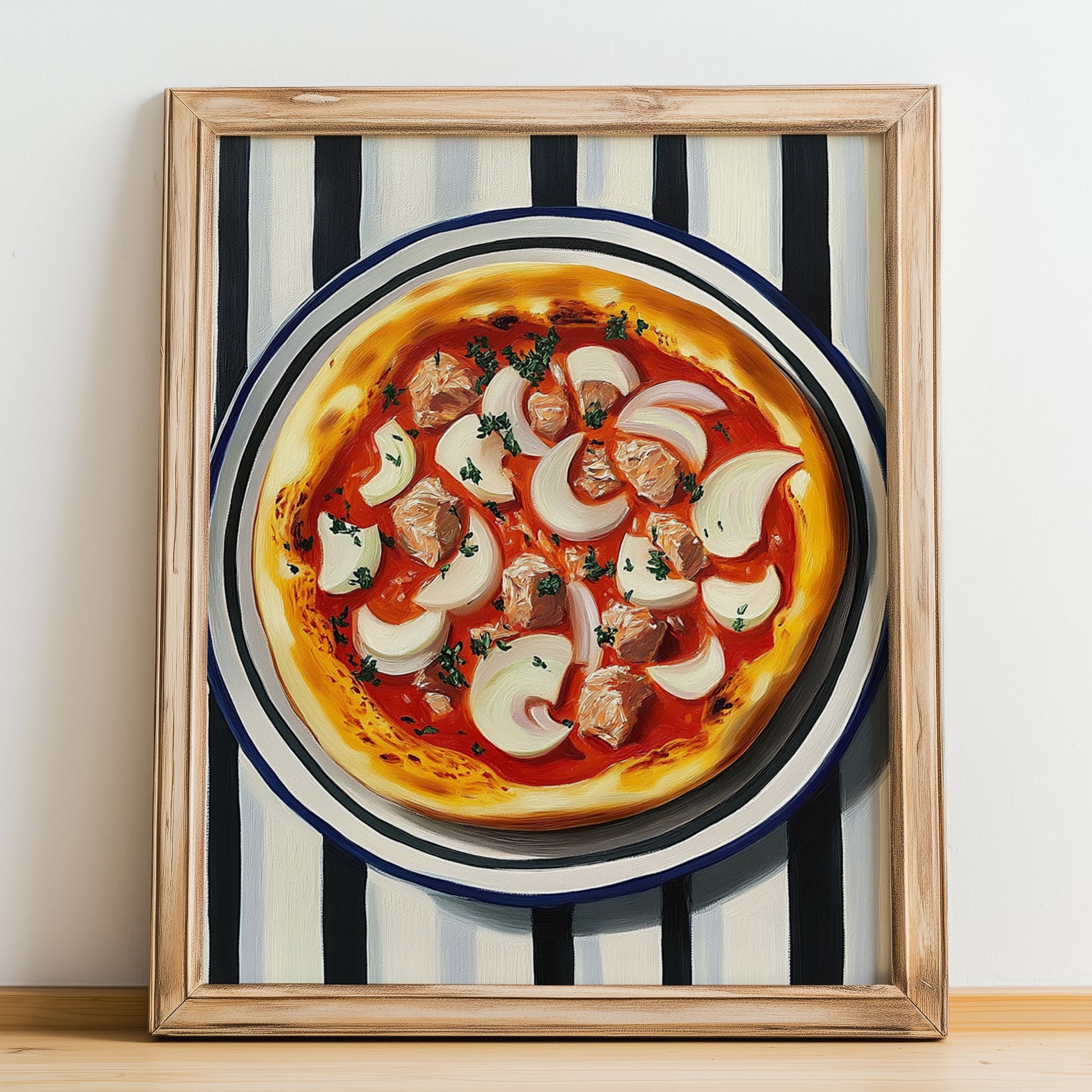 Tonno E Cipolla – on Striped Tablecloth, Pizza Illustration, no-text version framed in wood