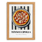 Tonno E Cipolla – on Striped Tablecloth, Pizza Illustration, set in oak frame