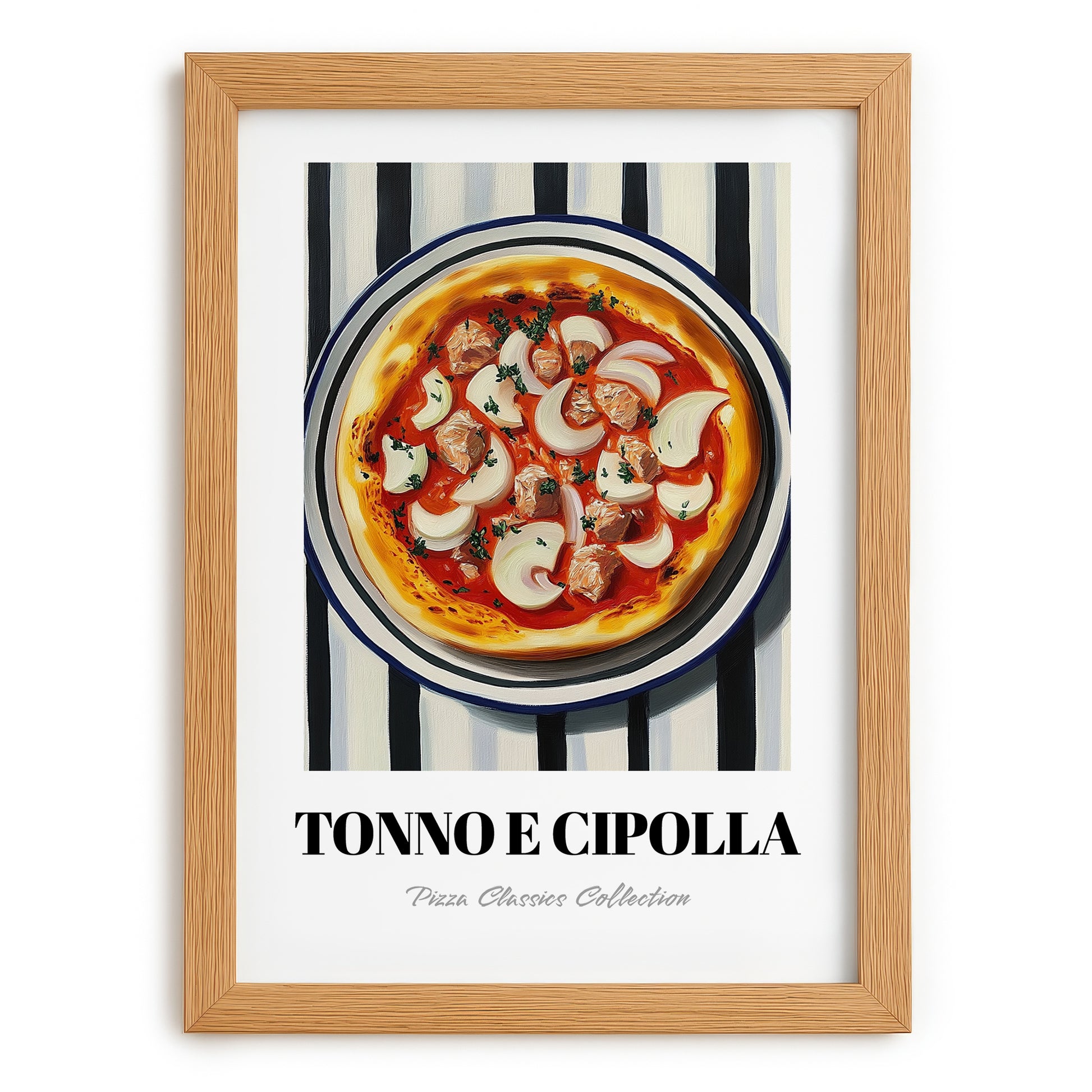 Tonno E Cipolla – on Striped Tablecloth, Pizza Illustration, set in oak frame