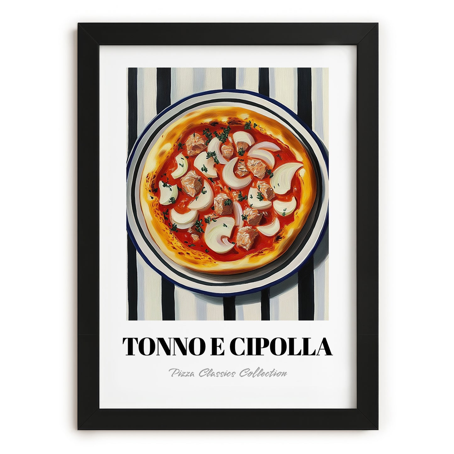 Tonno E Cipolla – on Striped Tablecloth, Pizza Illustration, in sleek black frame