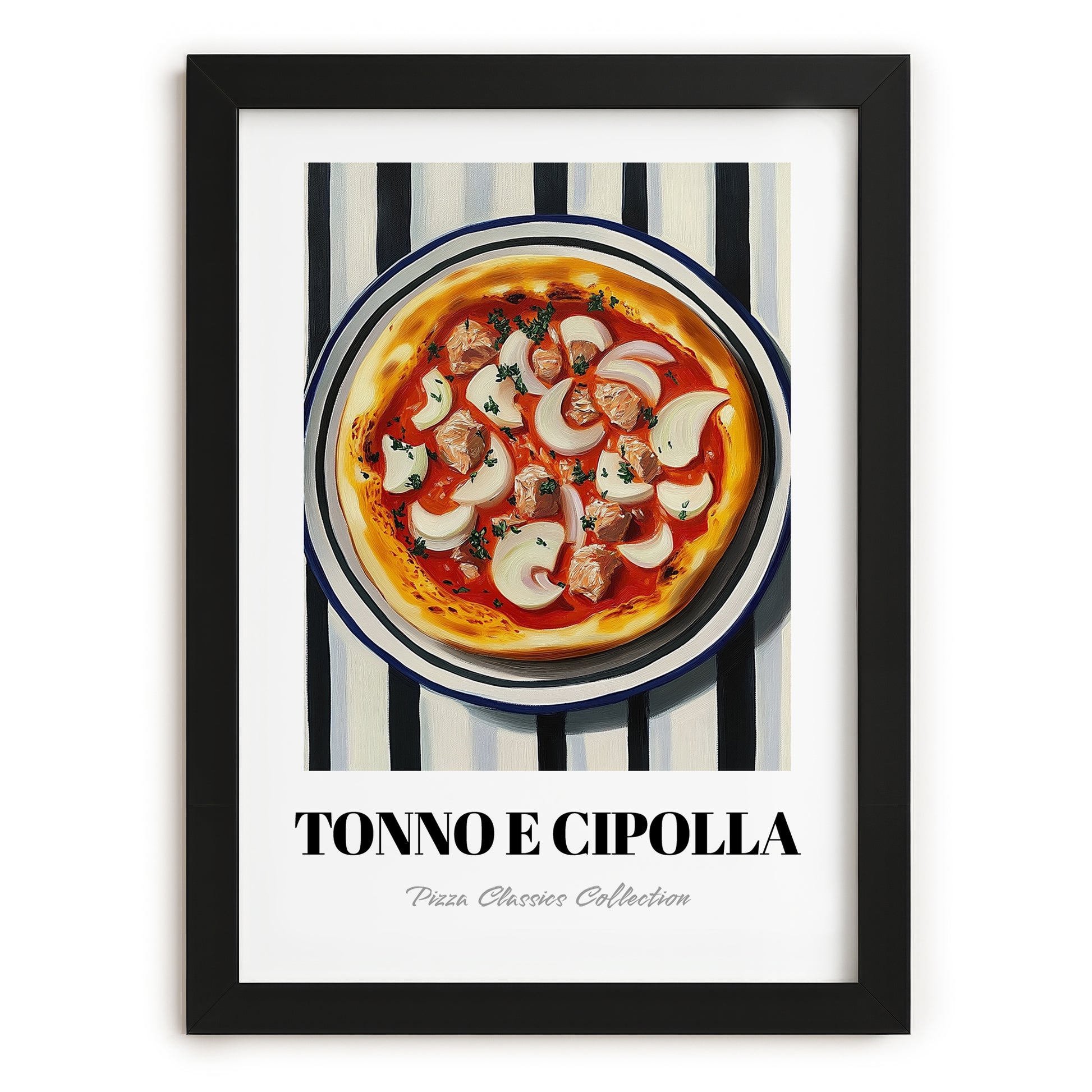 Tonno E Cipolla – on Striped Tablecloth, Pizza Illustration, in sleek black frame