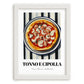Tonno E Cipolla – on Striped Tablecloth, Pizza Illustration, placed in minimal white frame