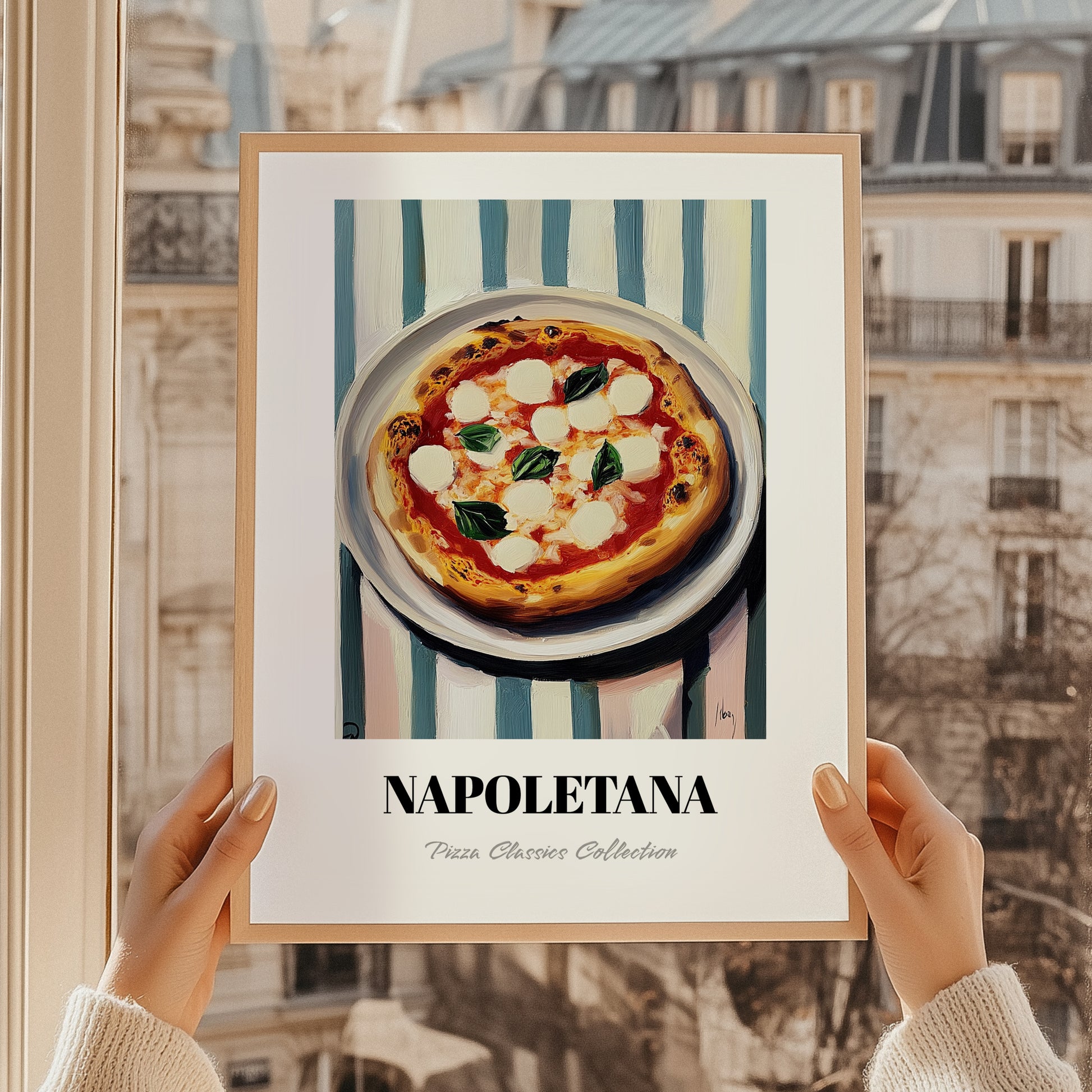 Napoletana – on Striped Tablecloth, Pizza Art, styled in a charming Paris street view