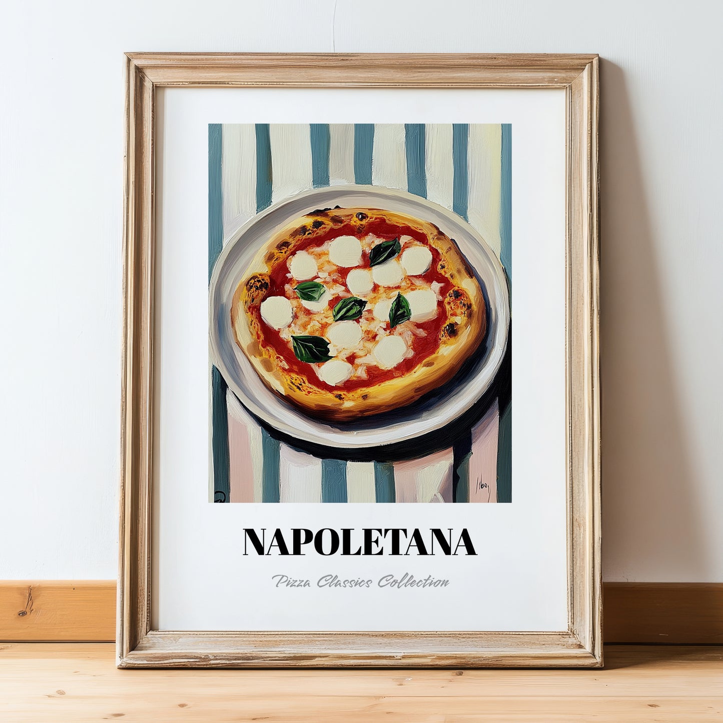 Napoletana – on Striped Tablecloth, Pizza Art, in wooden frame leaning on the floor