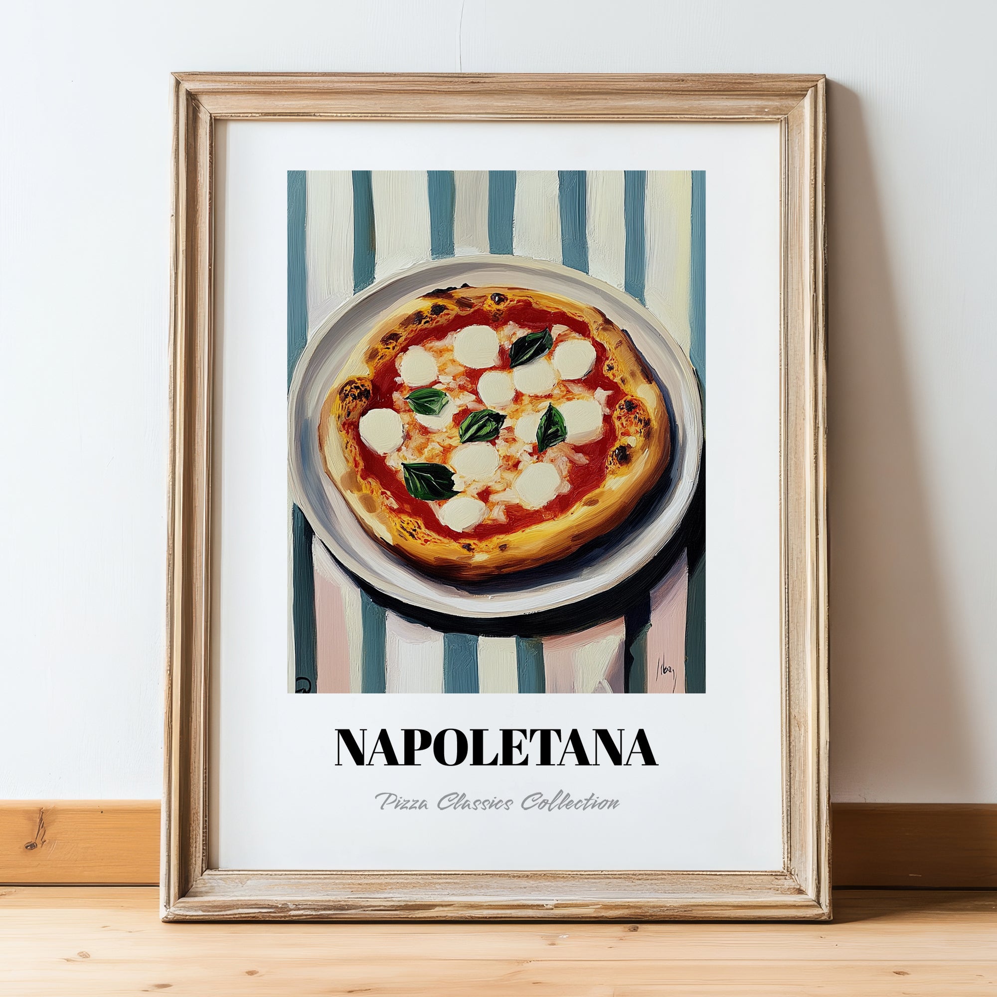 Napoletana – on Striped Tablecloth, Pizza Art, in wooden frame leaning on the floor