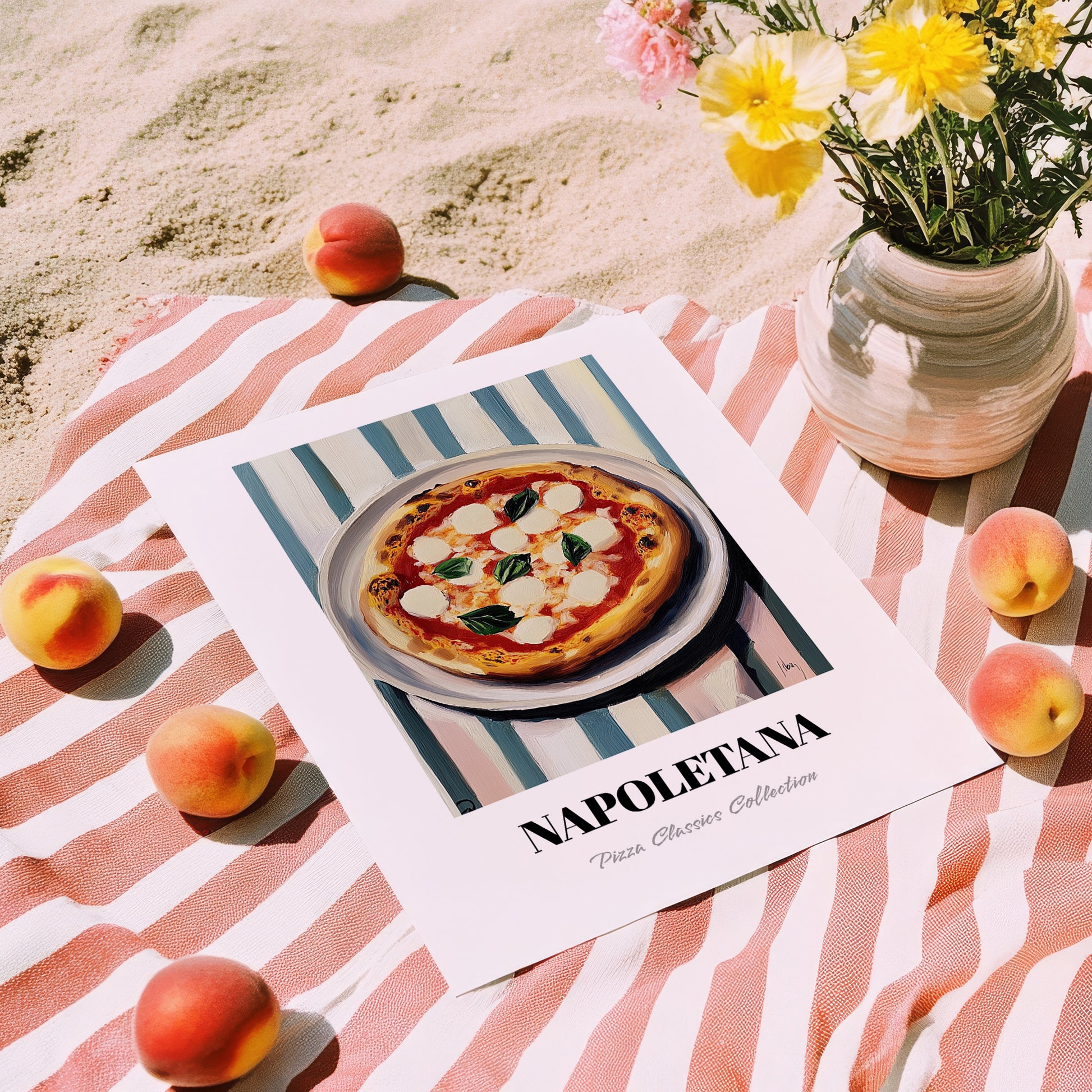 Napoletana – on Striped Tablecloth, Pizza Art, unframed on coastal sand