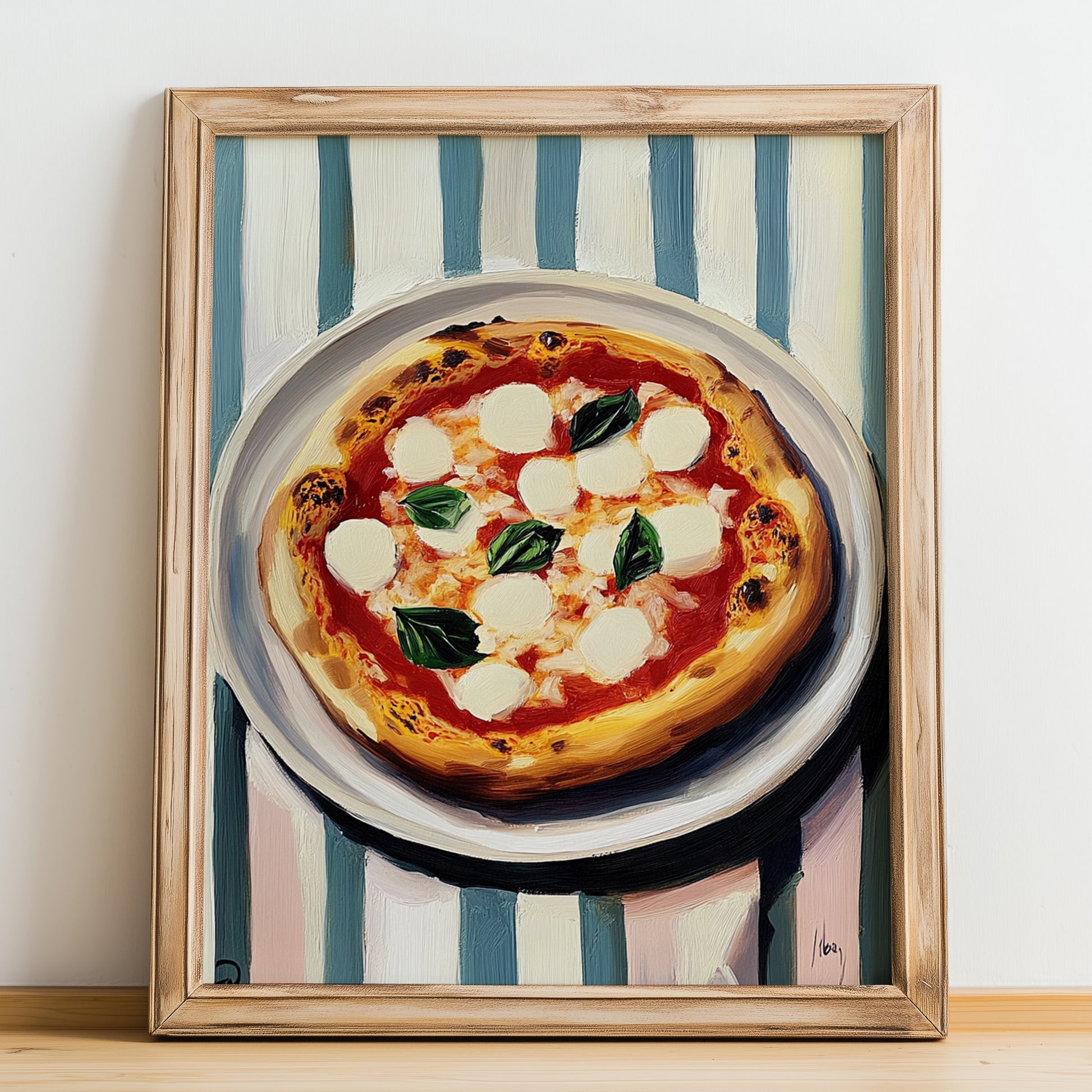 Napoletana – on Striped Tablecloth, Pizza Art, no-text version framed in wood