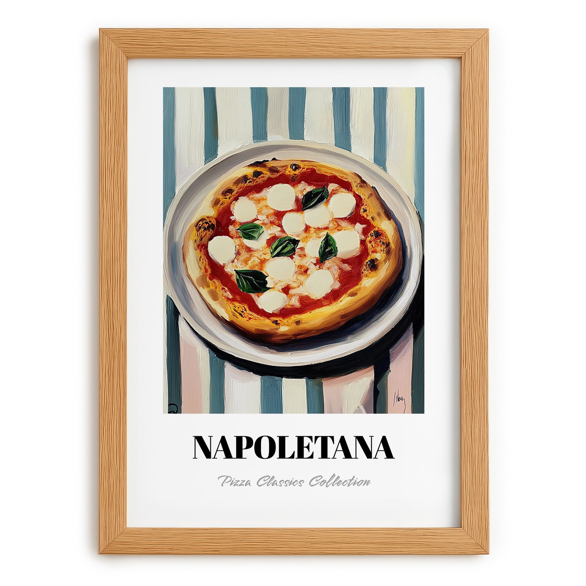 Napoletana – on Striped Tablecloth, Pizza Art, set in oak frame