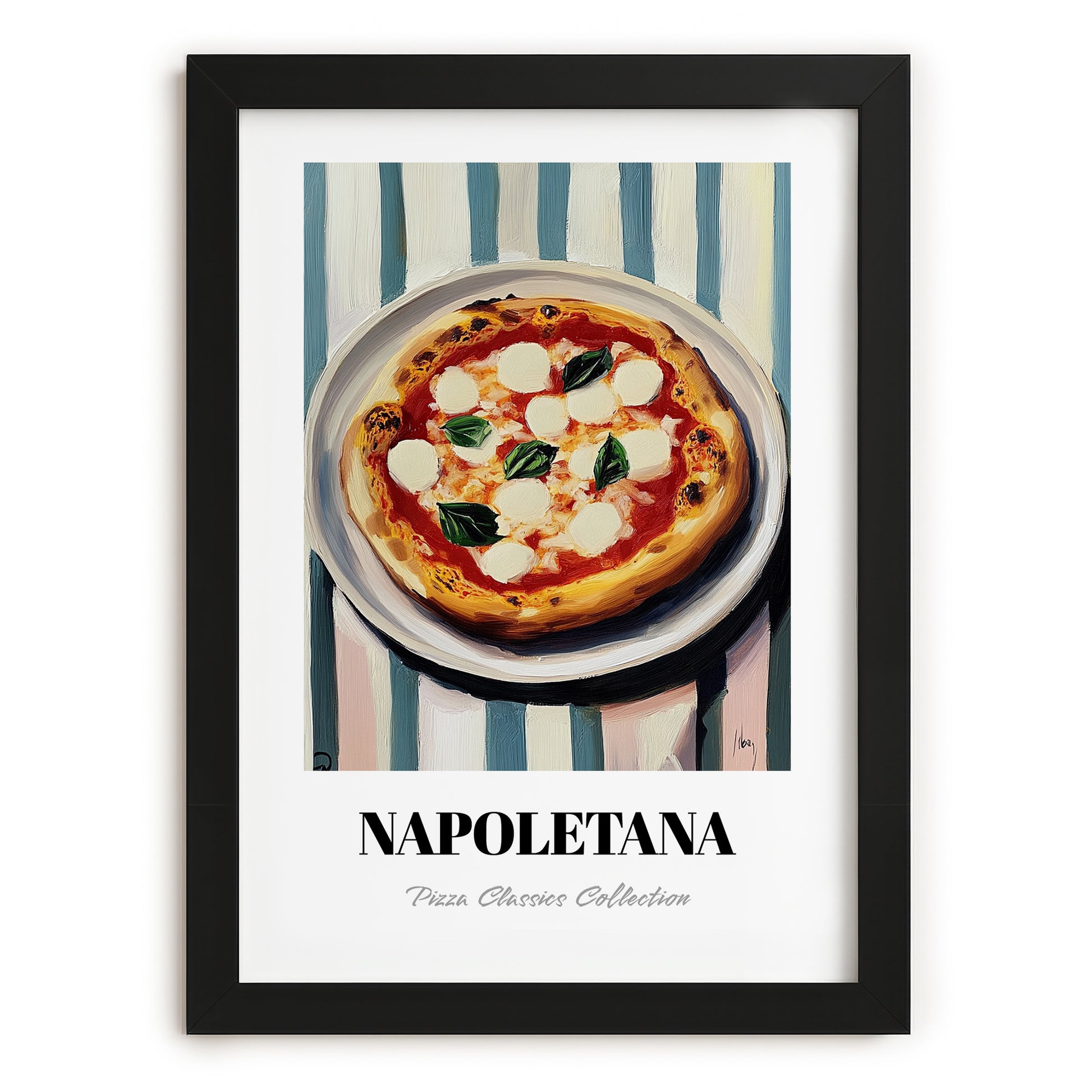 Napoletana – on Striped Tablecloth, Pizza Art, in sleek black frame