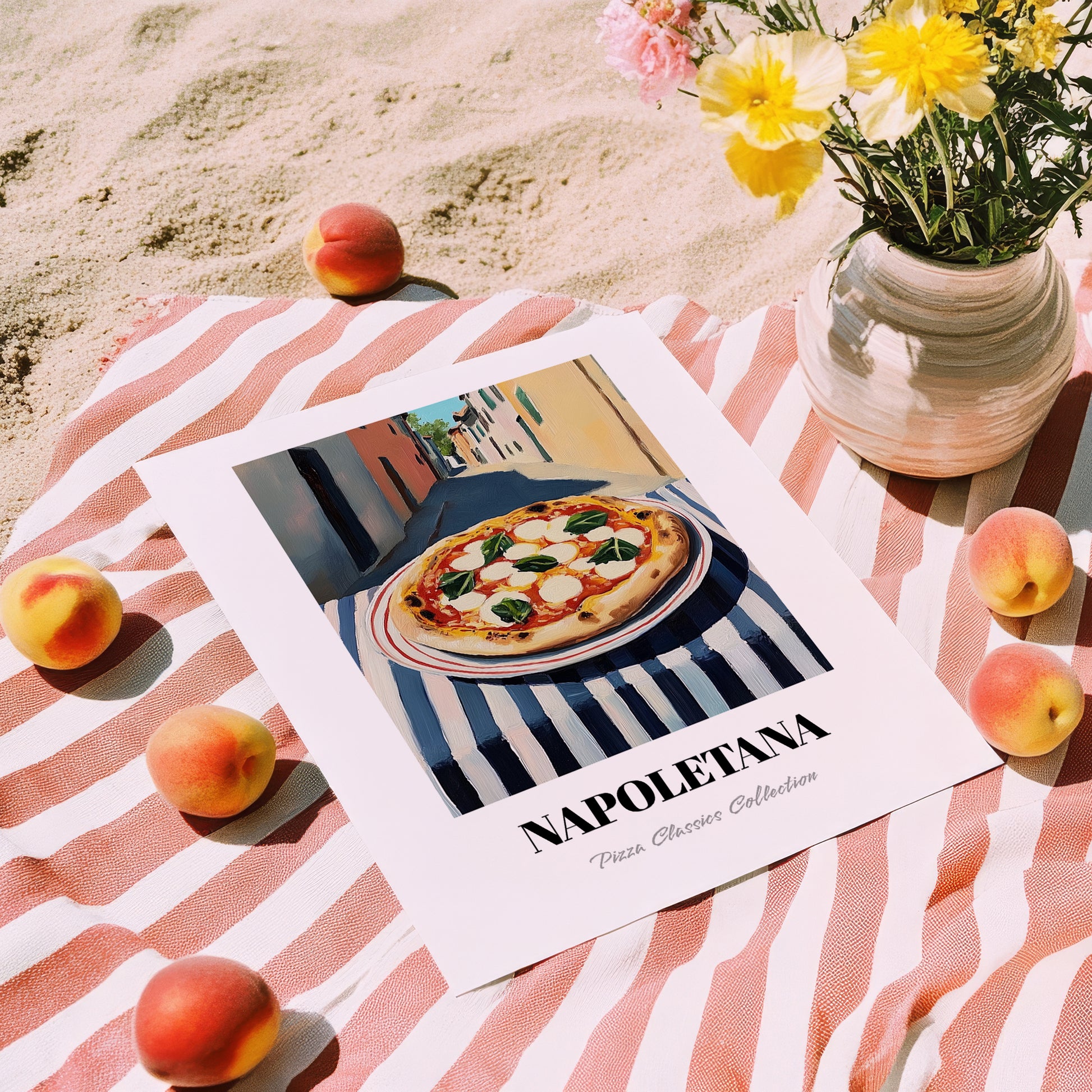 Pizza Napoletana – Italian Café on the Corner, Pizza Wall Print, unframed on coastal sand