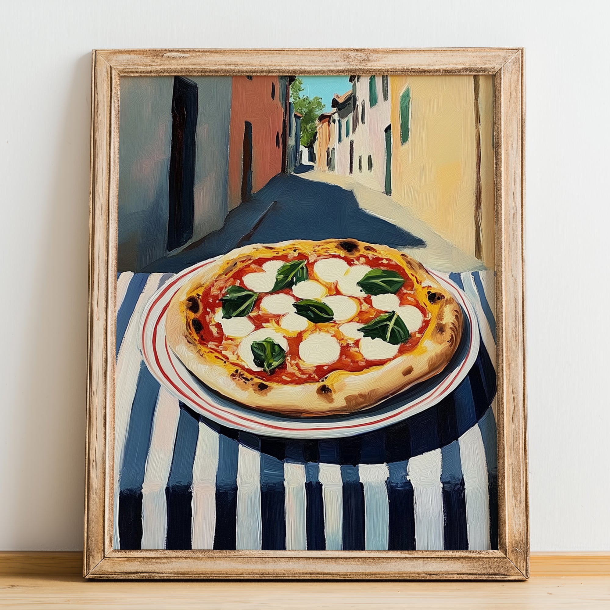 Pizza Napoletana – Italian Café on the Corner, Pizza Wall Print, no-text version framed in wood