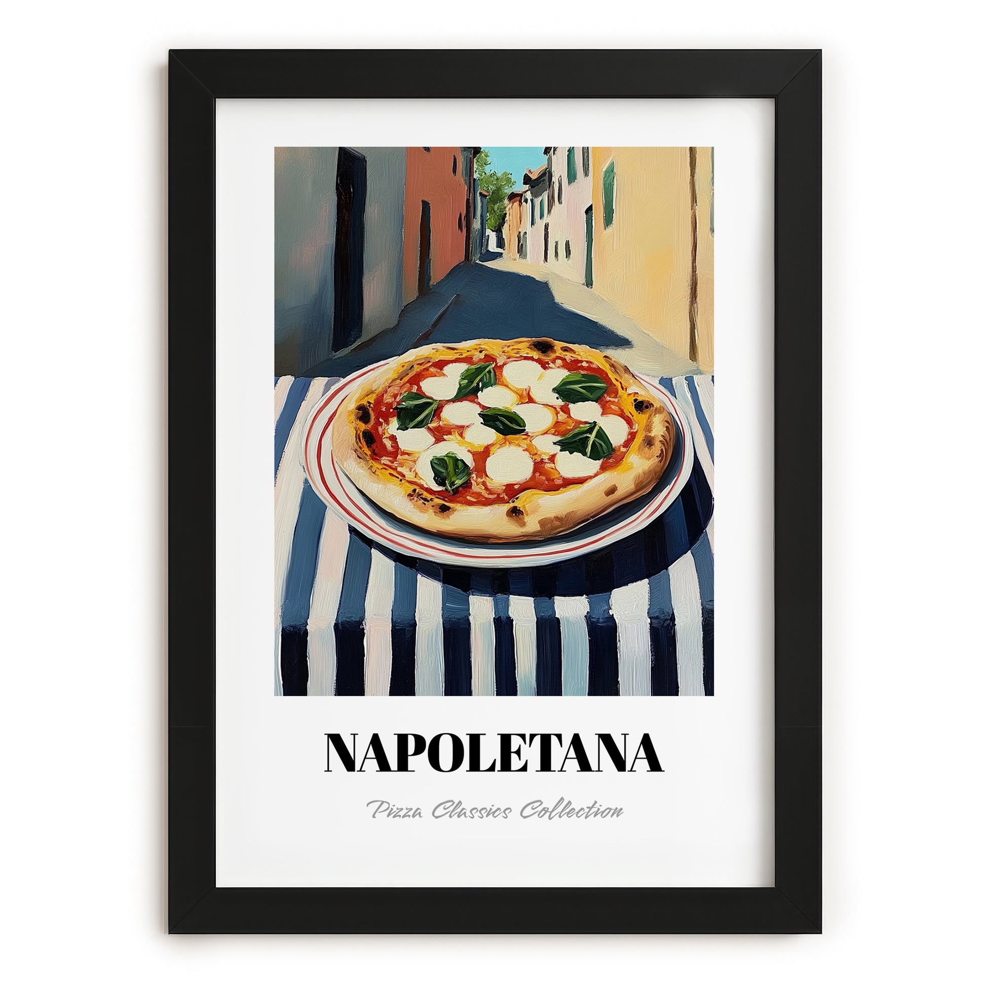 Pizza Napoletana – Italian Café on the Corner, Pizza Wall Print, in sleek black frame
