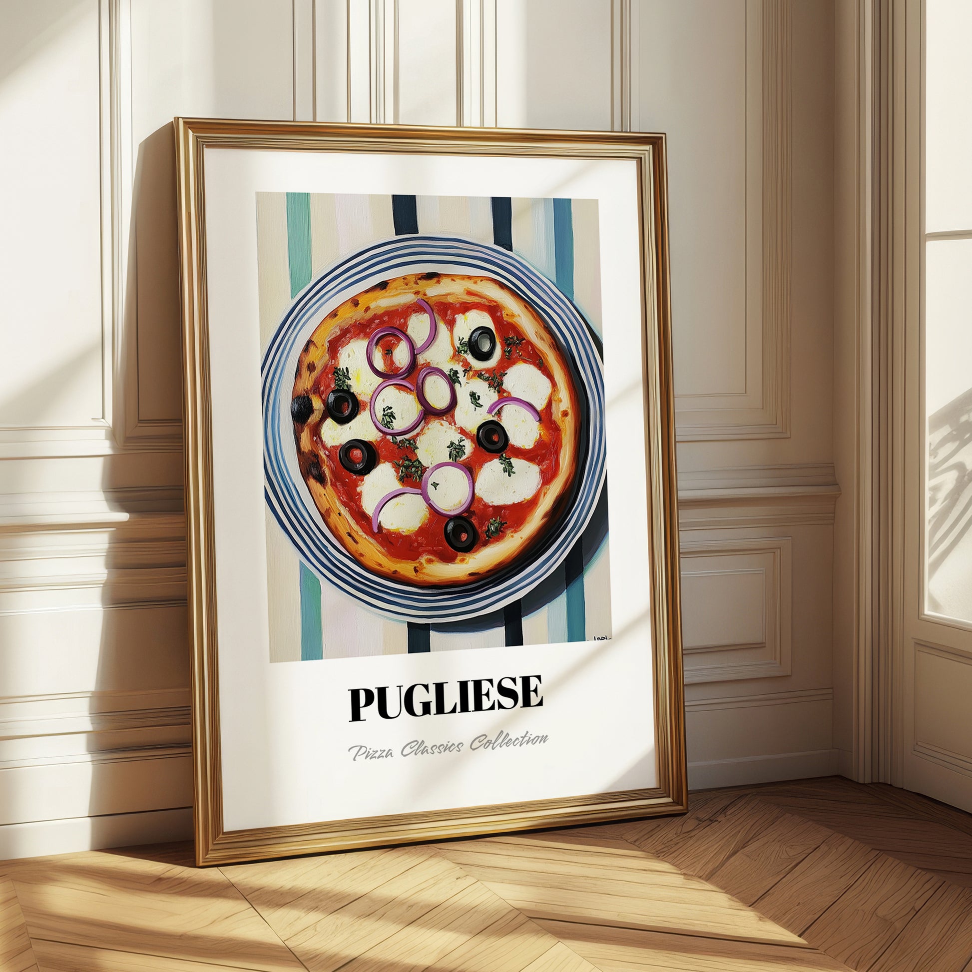 Pugliese – on Striped Tablecloth, Pizza Still Life