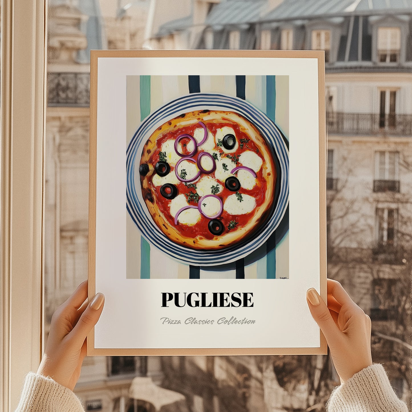 Pugliese – on Striped Tablecloth, Pizza Still Life, styled in a charming Paris street view