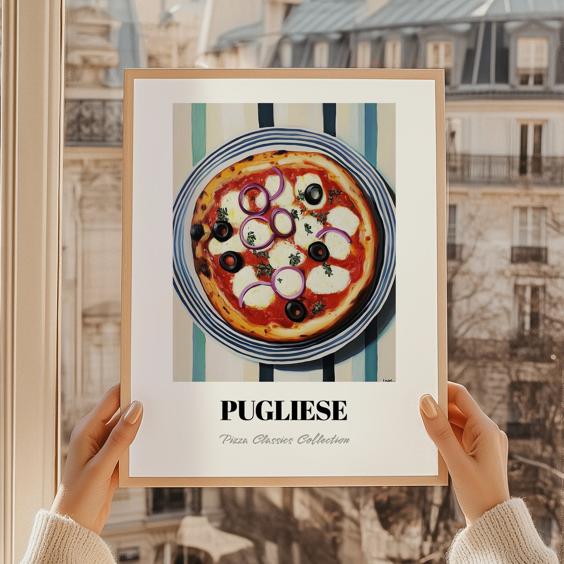 Pugliese – on Striped Tablecloth, Pizza Still Life, styled in a charming Paris street view