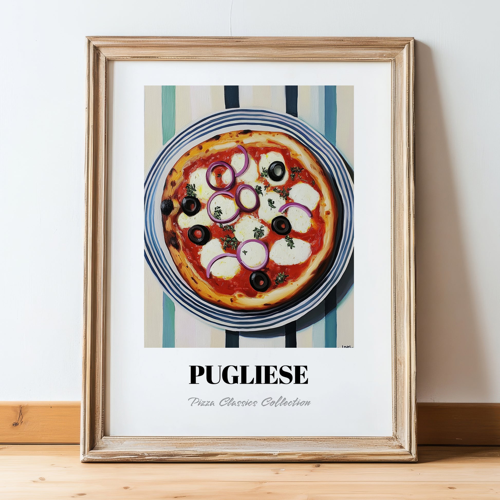 Pugliese – on Striped Tablecloth, Pizza Still Life, in wooden frame leaning on the floor