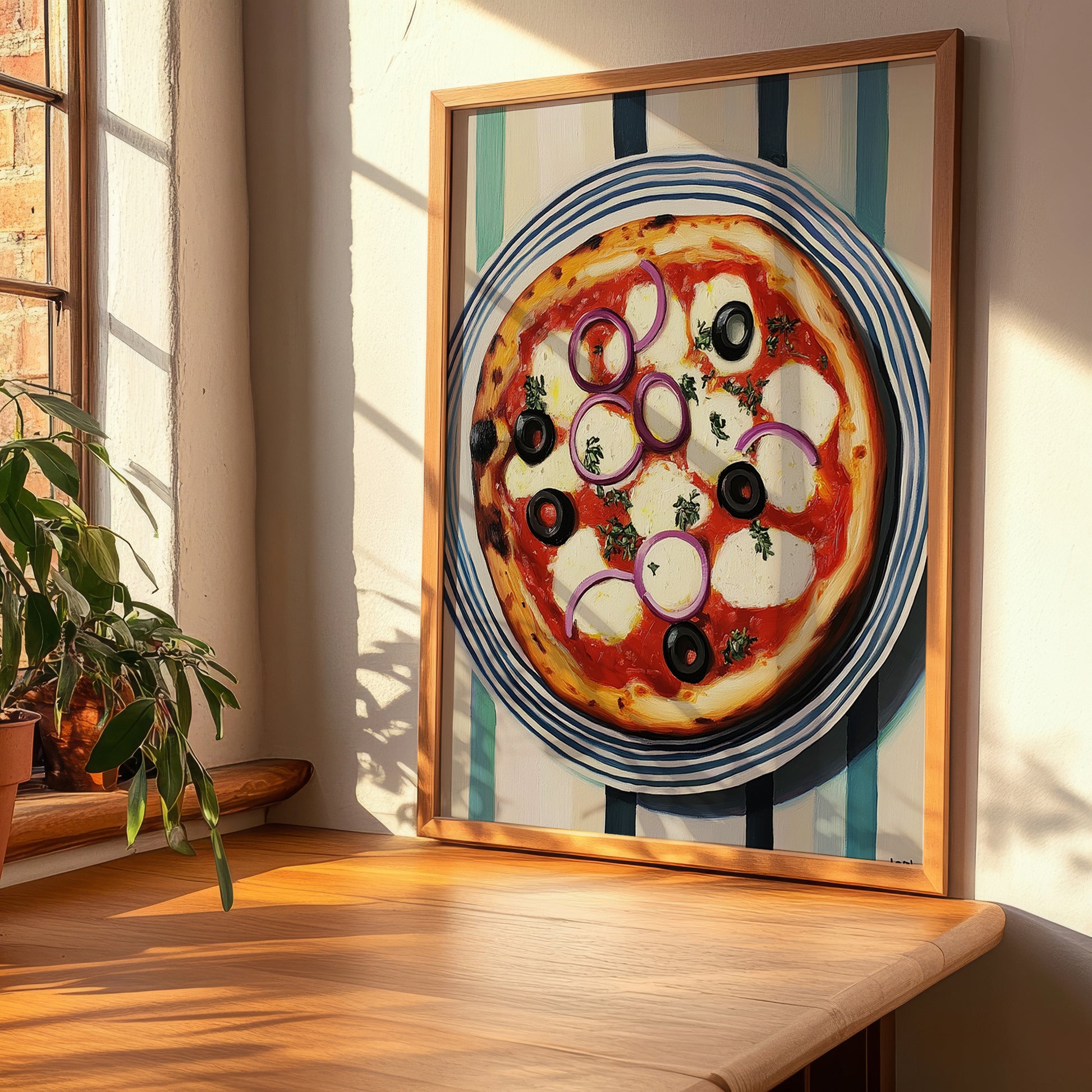 Pugliese – on Striped Tablecloth, Pizza Still Life, clean layout with no caption