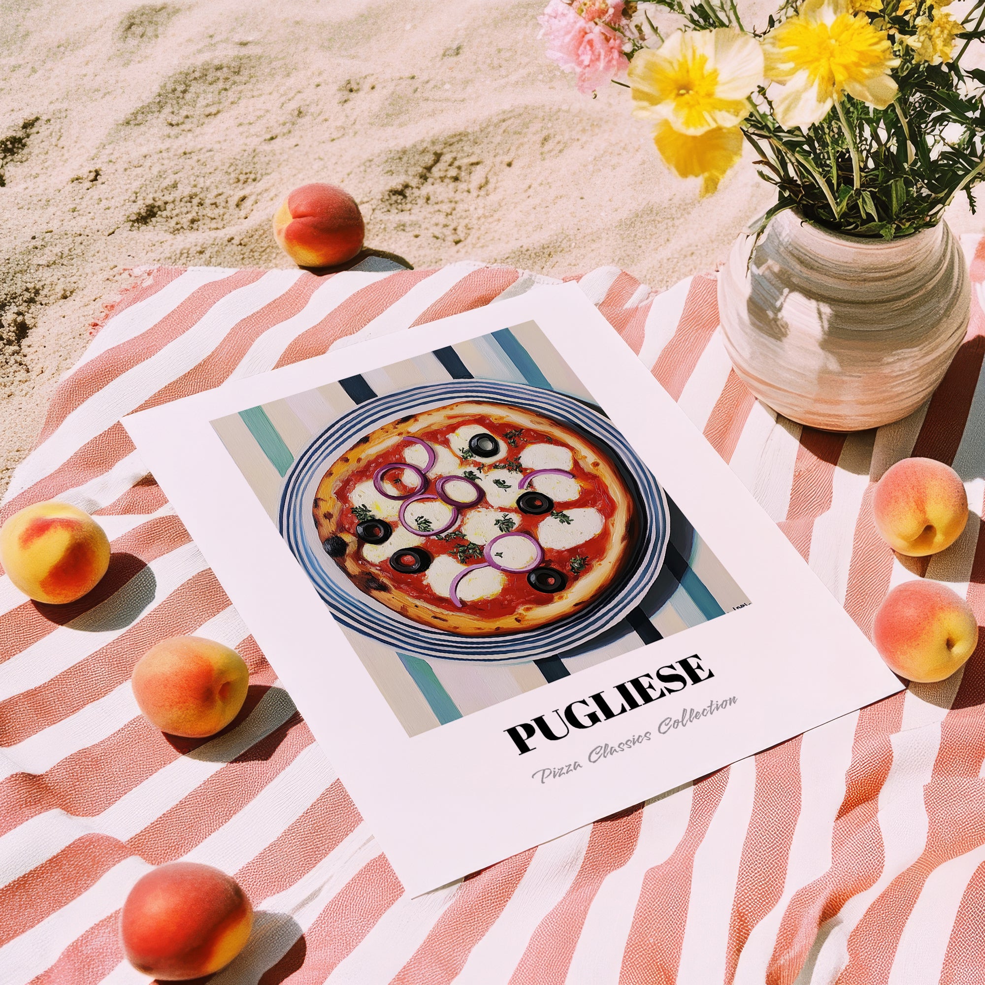 Pugliese – on Striped Tablecloth, Pizza Still Life, unframed on coastal sand