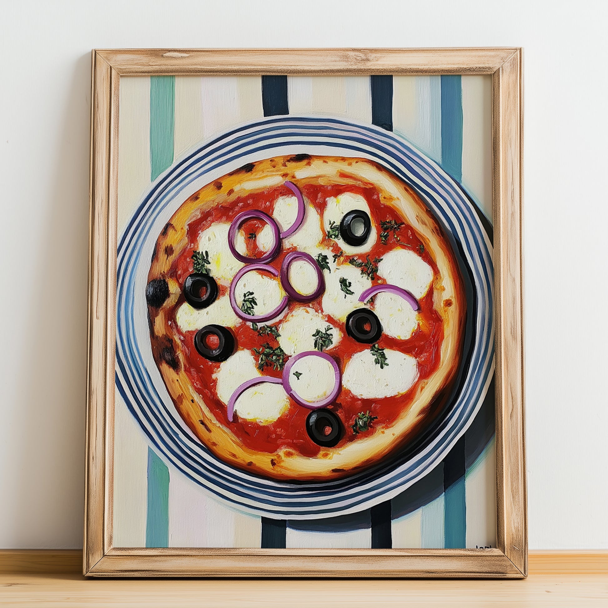 Pugliese – on Striped Tablecloth, Pizza Still Life, no-text version framed in wood