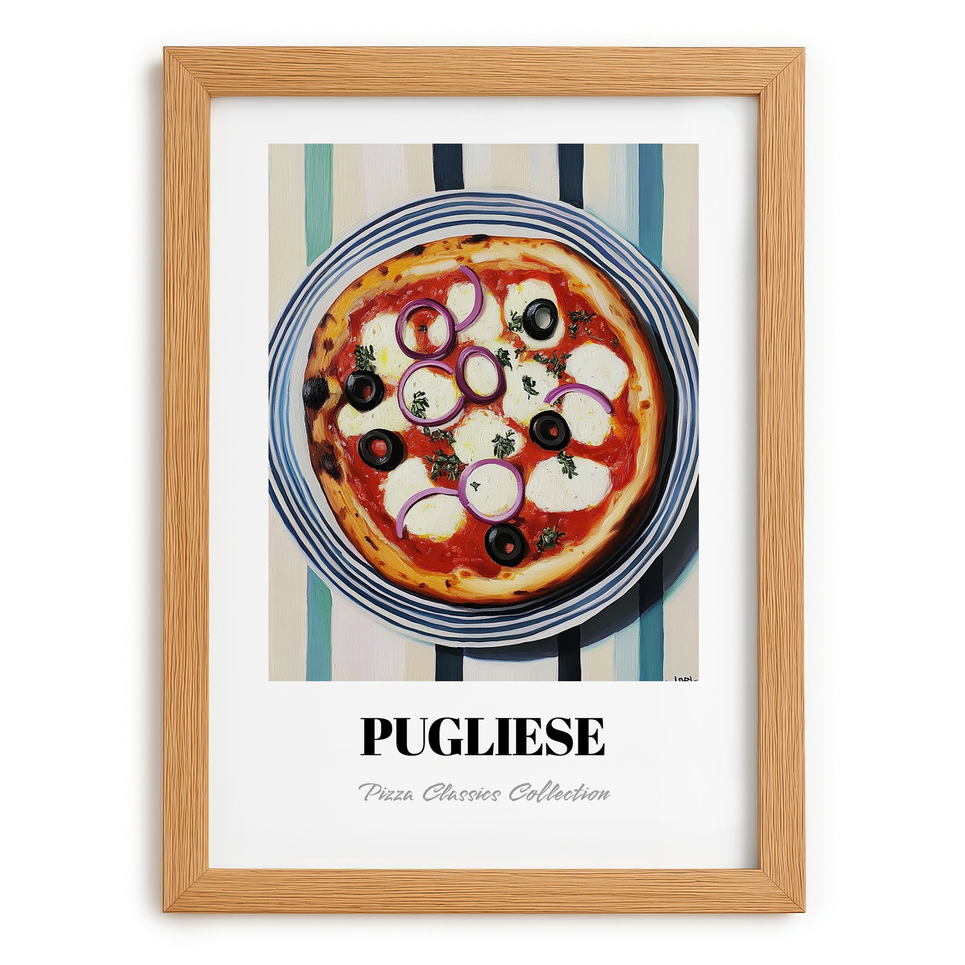 Pugliese – on Striped Tablecloth, Pizza Still Life, set in oak frame