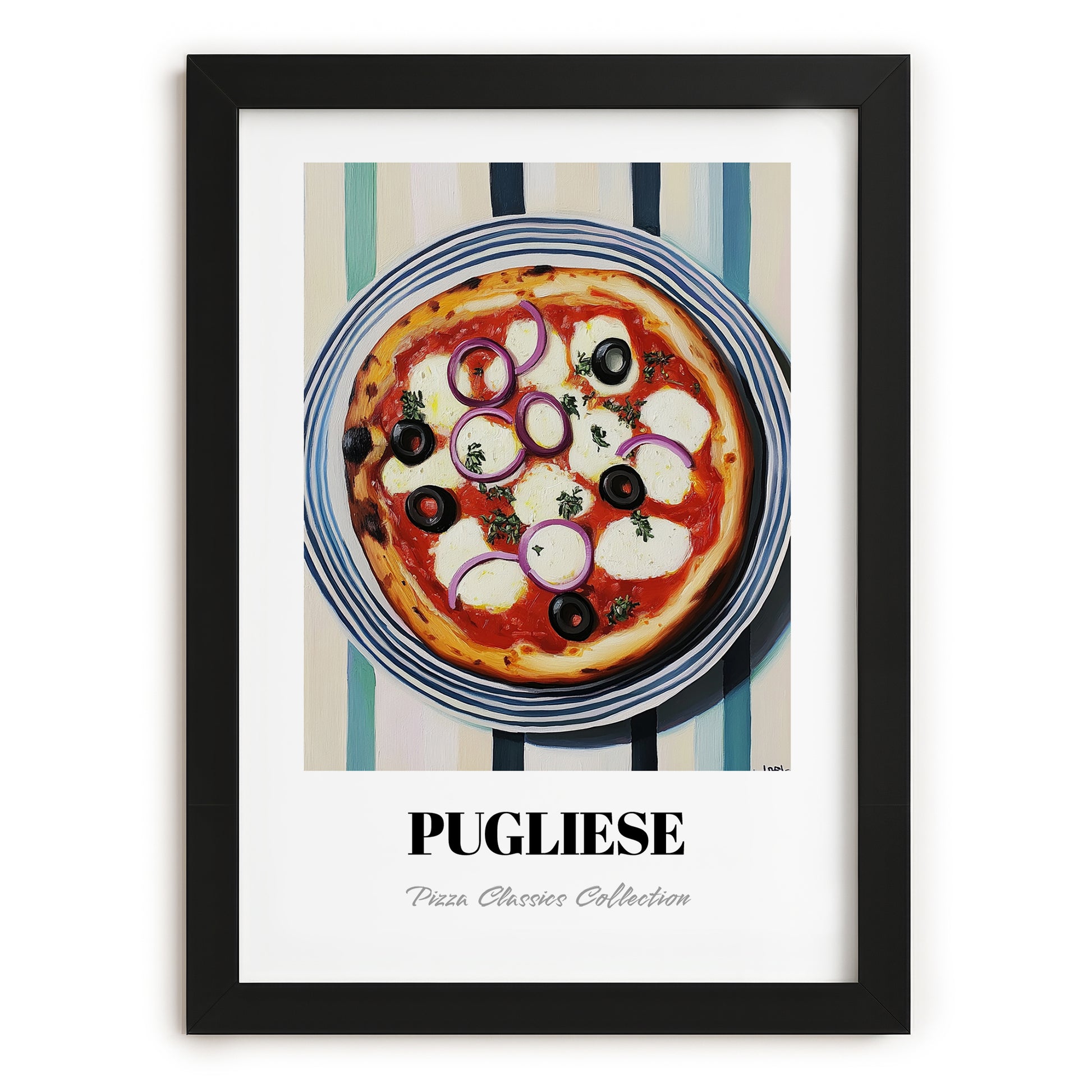 Pugliese – on Striped Tablecloth, Pizza Still Life, in sleek black frame
